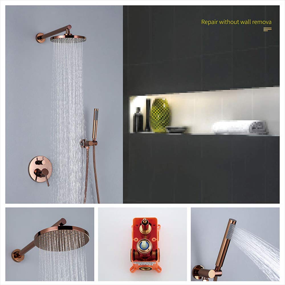 CHLDDHC Rose Gold Rain Mixer Shower Combo Set - Wall Mounted Bathroom Faucet with Round Rainfall Shower Head & Handheld Shower - Built-in Valve Box - Perfect for Modern Master Bath & Spa-Like Shower Experience