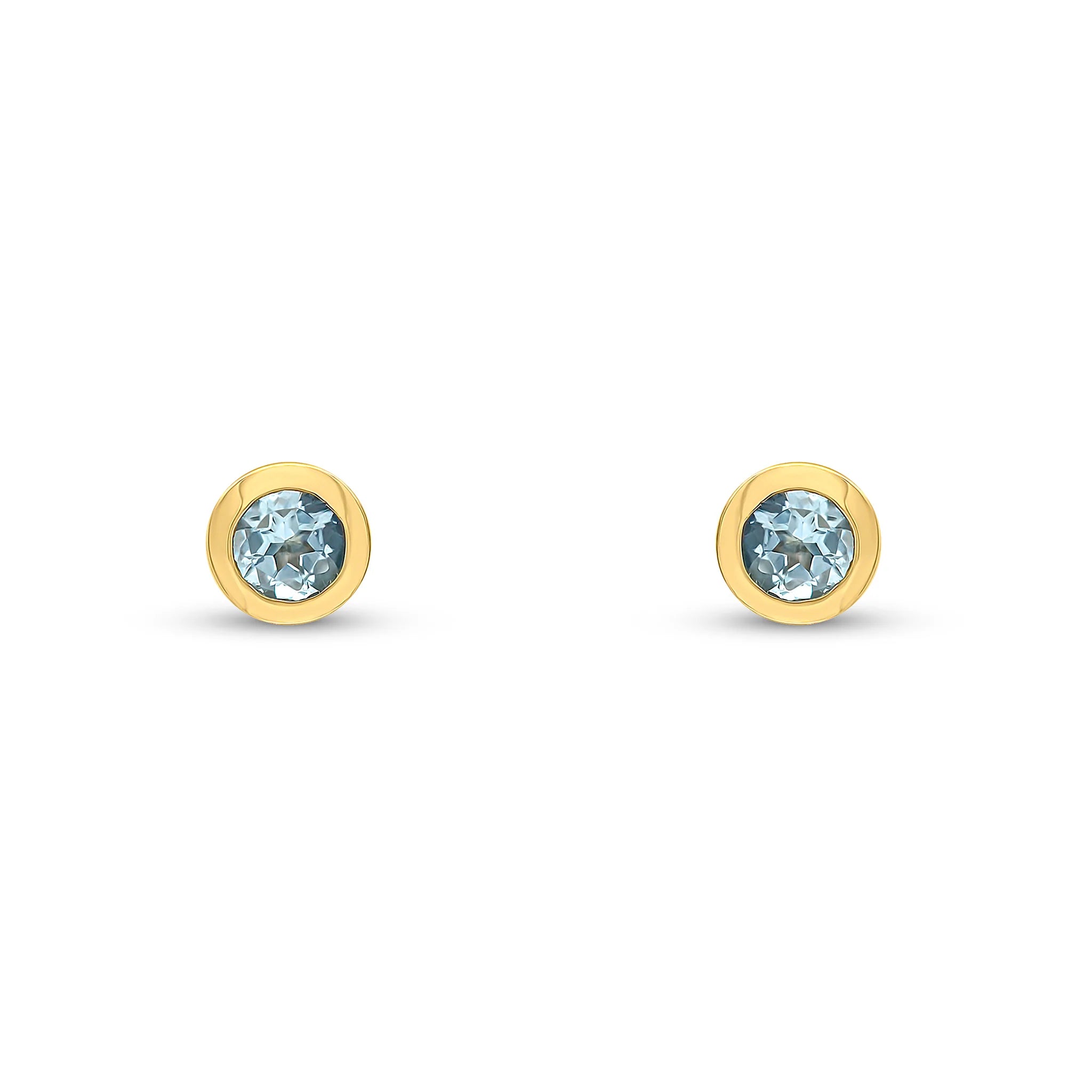 9ct Yellow Gold Aquamarine 3mm Round Rubover Stud Earrings - Elegant Blue Gemstone Jewelry for Women - Perfect for Everyday Wear, Gift Giving & Special Occasions