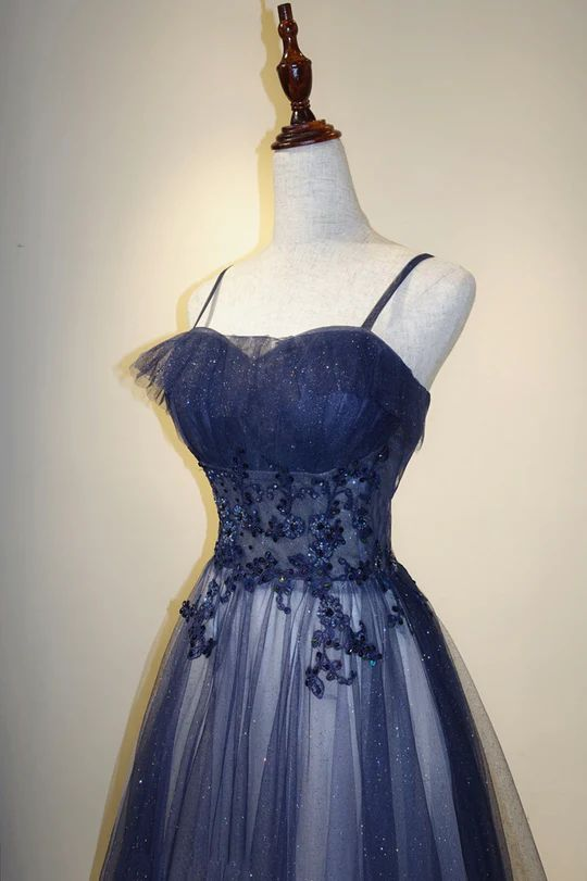 Elegant Navy Gradient A-Line Tulle Long Formal Prom Dresses for Women - Perfect for Homecoming, Evening Gala & Special Occasions - Style J2639