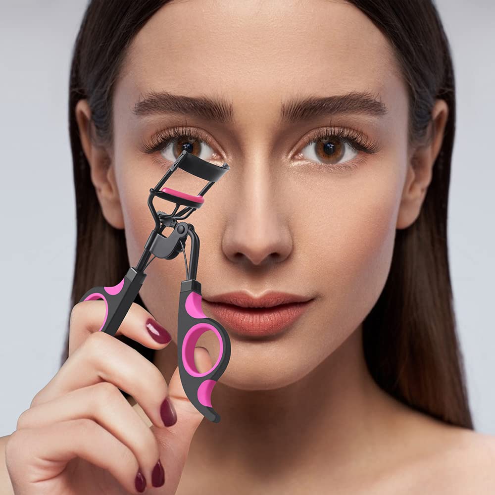 Black Handle Eyelash Curler with 5 Replacement Silicone Pads - Professional Lash Curling Tool for Makeup & Cosmetics - Perfect for Daily Use, Salon, Bridal & Party Makeup Looks