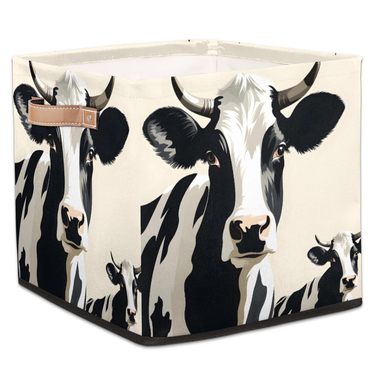 13 Inch Cute Cow Fabric Storage Bins with Leather Handles - Foldable Closet Organizer Baskets for Bedroom, Living Room & Shelves | Perfect for Kids' Room, Nursery, and Home Organization