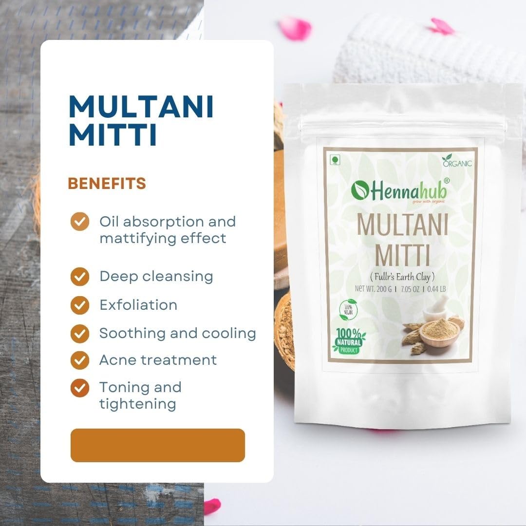 **HENNAHUB Pure Herbal Multani Mitti (Fuller's Earth) 1 KG - Natural Clay Face Mask with Rose Water 100ml for Glowing Skin - Perfect for Acne, Oil Control & Detox at Home**
