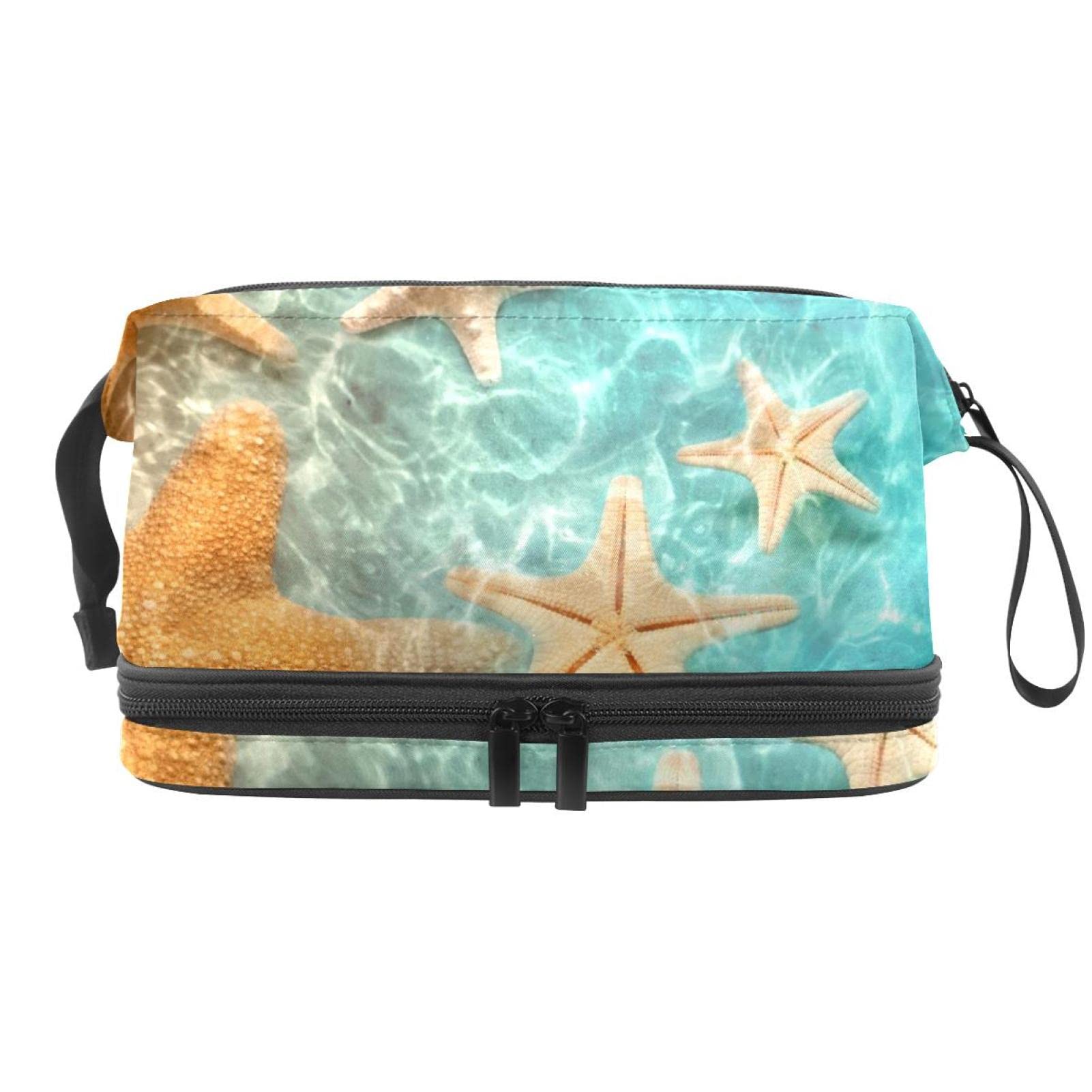 Double Layer Travel Makeup Bag with Brush Compartment - Waterproof Cosmetic Organizer for Women | Roomy Toiletry Pouch for Vacation, Beach Trips & Daily Use - Starfish Sea Theme Design