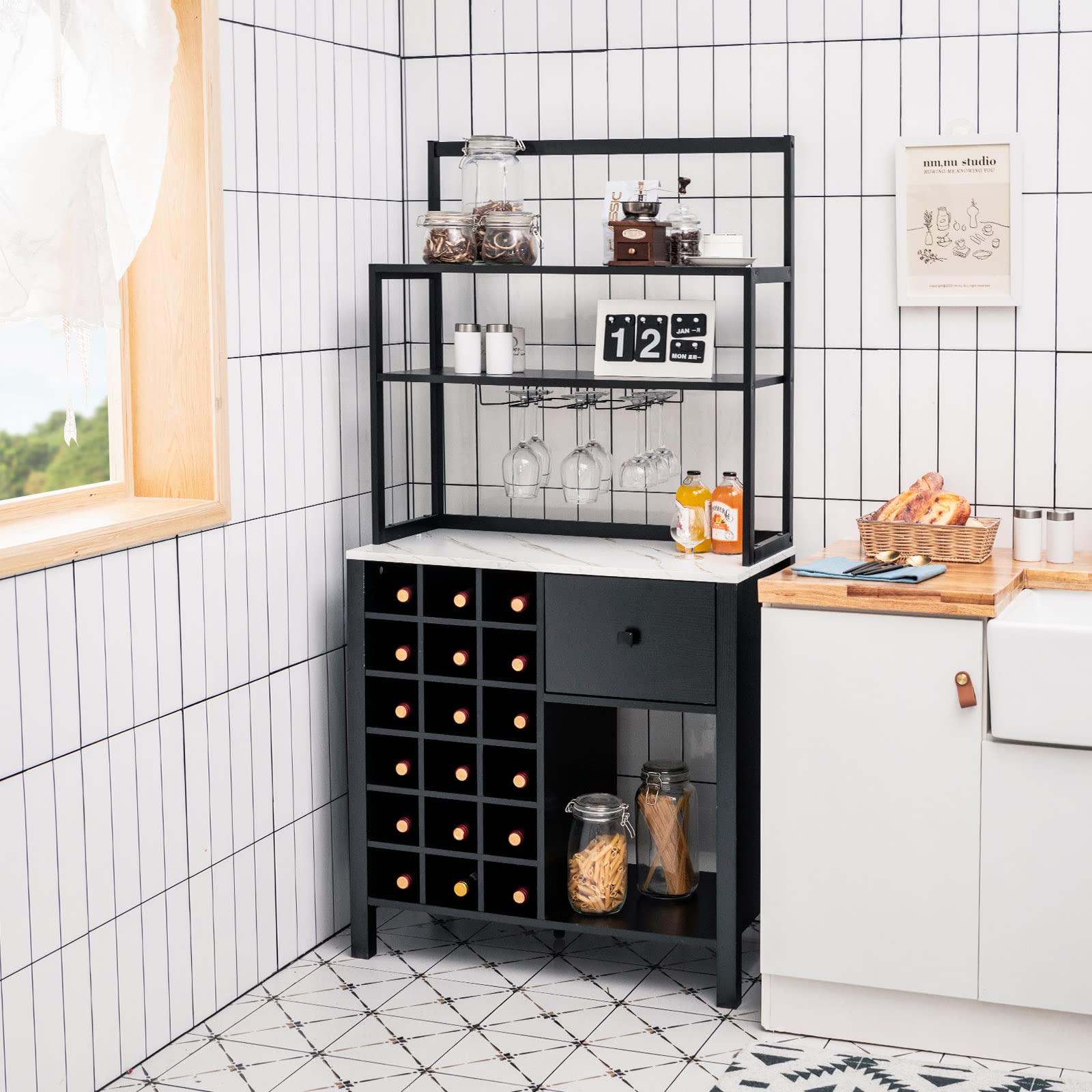 Giantex Sideboard with Hutch Shelf - Wood Buffet Wine Cabinet for 18 Bottles, 4-Tier Bakers Rack with Drawer & Glass Holder - Kitchen Microwave Stand, Living Room Storage Organizer in Black | Perfect for Dining Room, Bar, and Home Entertainment Setup