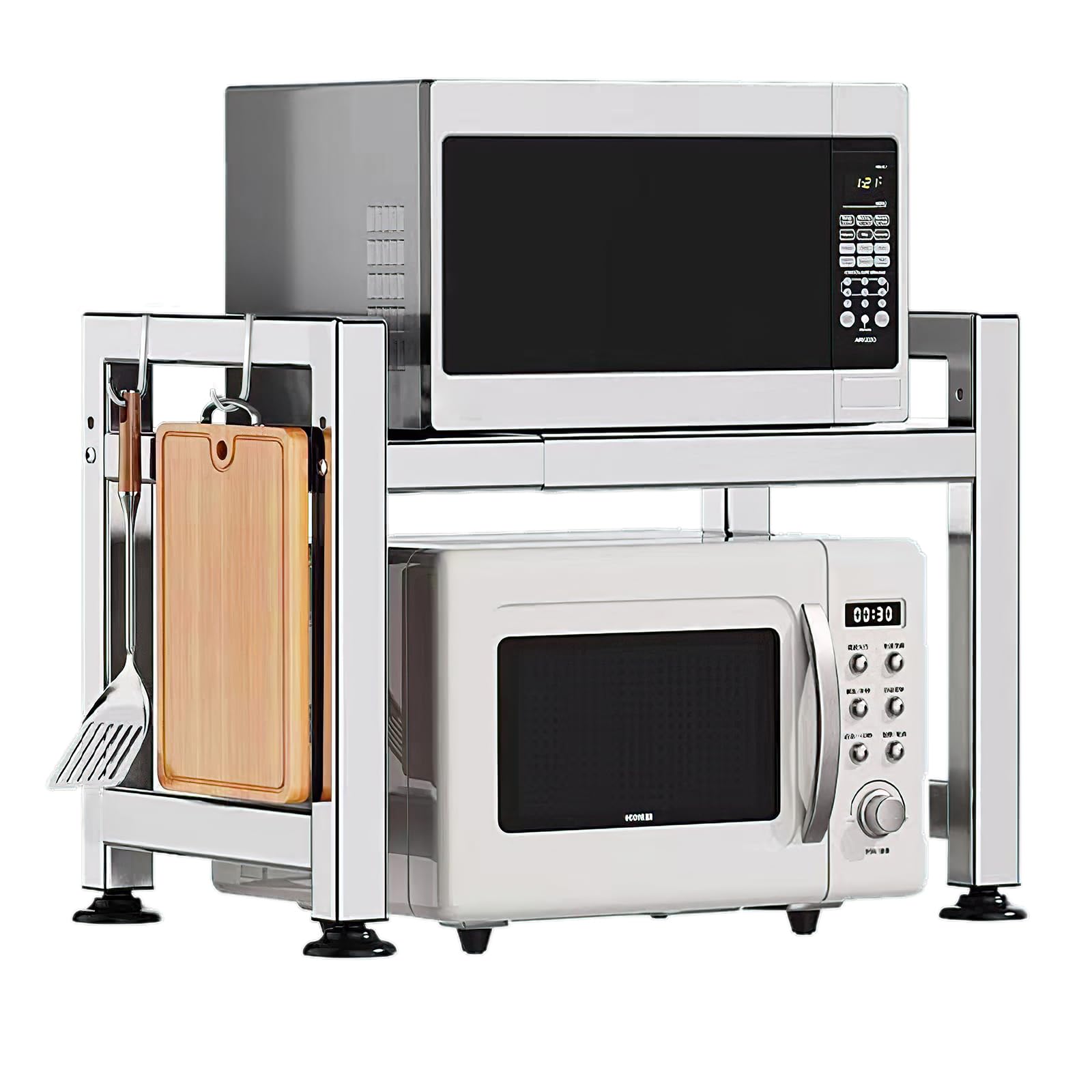 Extendable 2-Tier Stainless Steel Microwave Oven Rack with 4 Hooks - Adjustable Countertop Shelf Organizer for Kitchen Utensils & Tableware Storage - Perfect for Small Spaces, Microwave Stands, and Countertop Organization