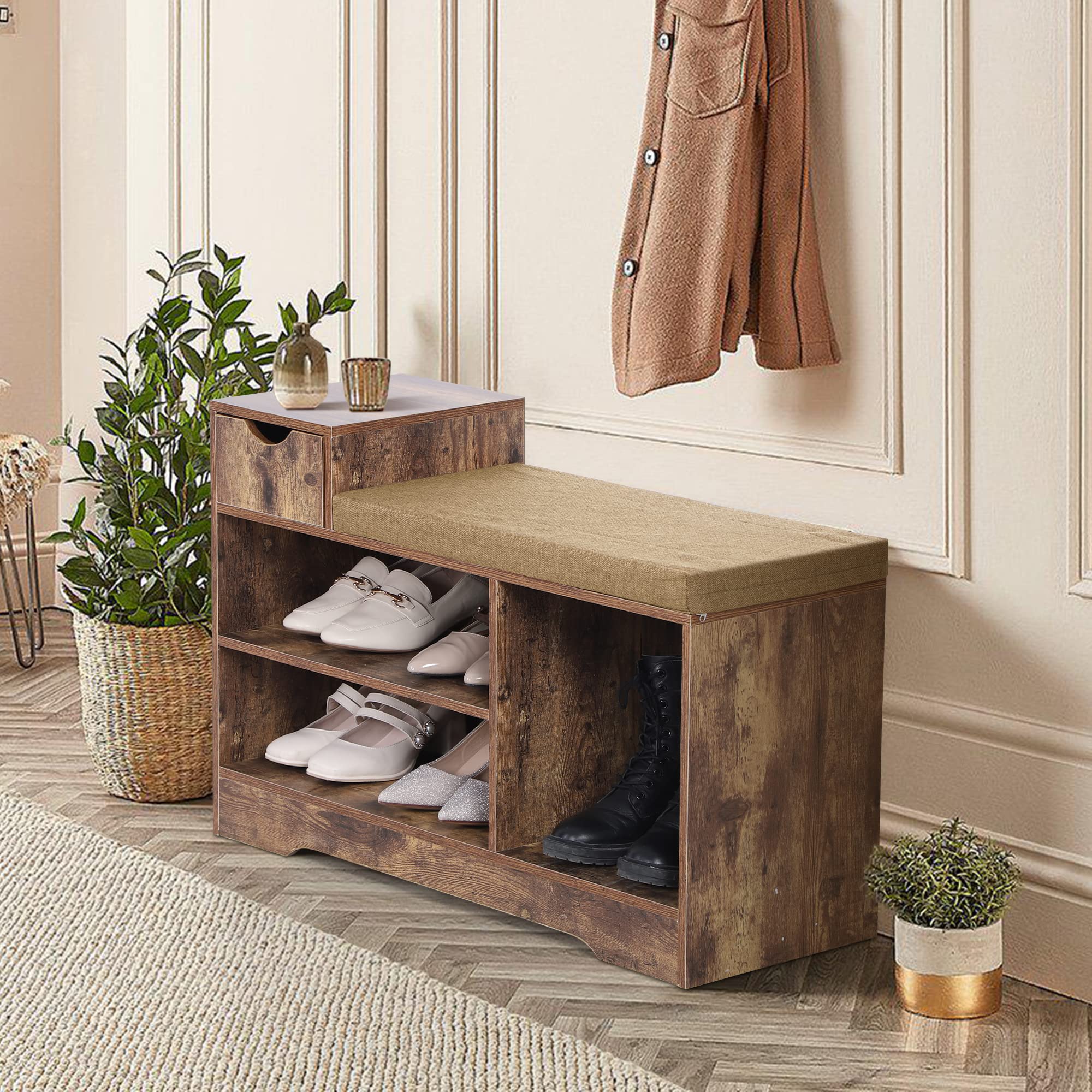 PHI VILLA Rustic Brown Shoe Storage Bench with Cushion - Entryway Shoe Organizer Cabinet for Living Room, Hallway & Mudroom - Perfect for Small Spaces & Home Organization
