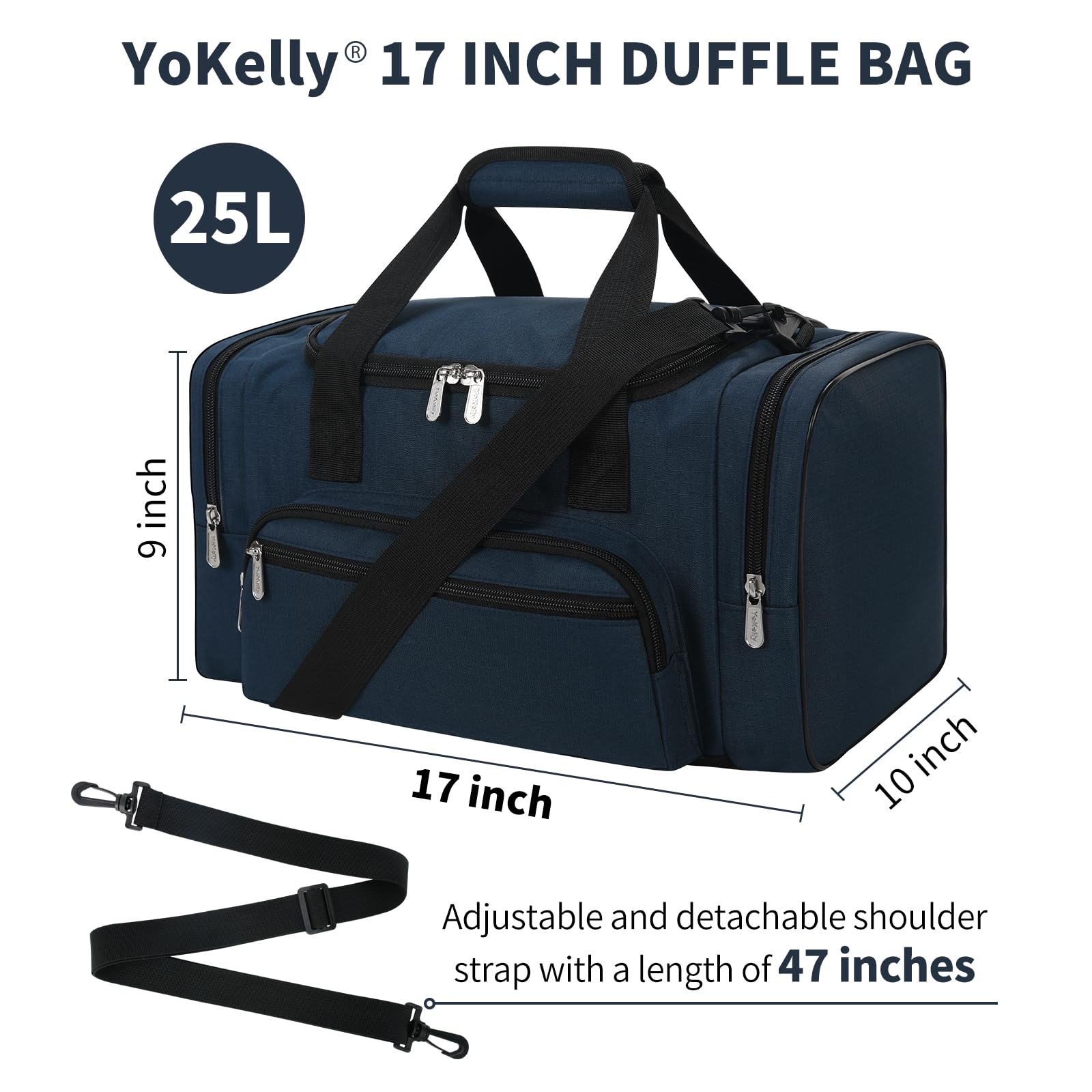17 Inch Small Duffel Bag - Lightweight Carry On Weekender Bag for Travel, Gym & Sports (17x10x9 Inches, Navy Blue) | Perfect for Weekend Trips, Workout Gear & Airplane Carry-On