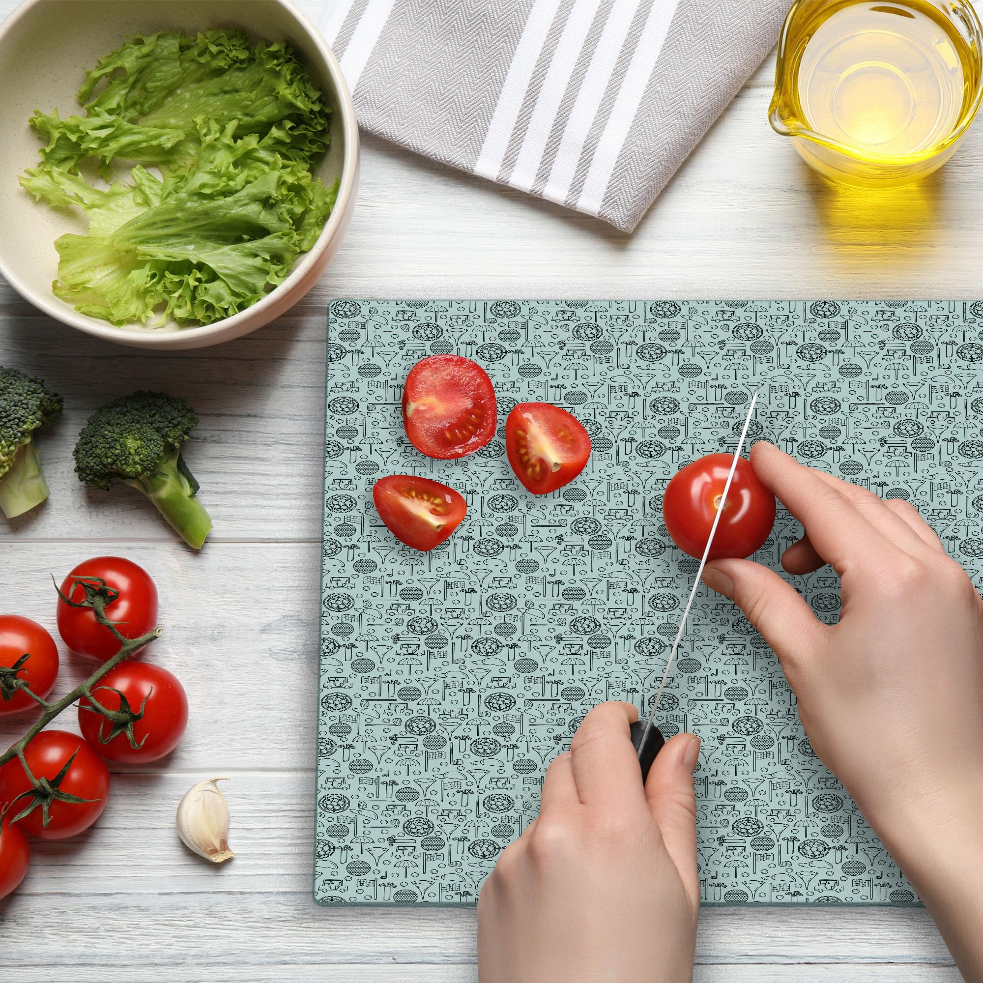Ambesonne Golf-Themed Tempered Glass Cutting Board - Large Grey & White Doodle Art Design - Perfect for Outdoor BBQ, Picnics & Kitchen Serving - Golf Equipment & Decor Gift Idea