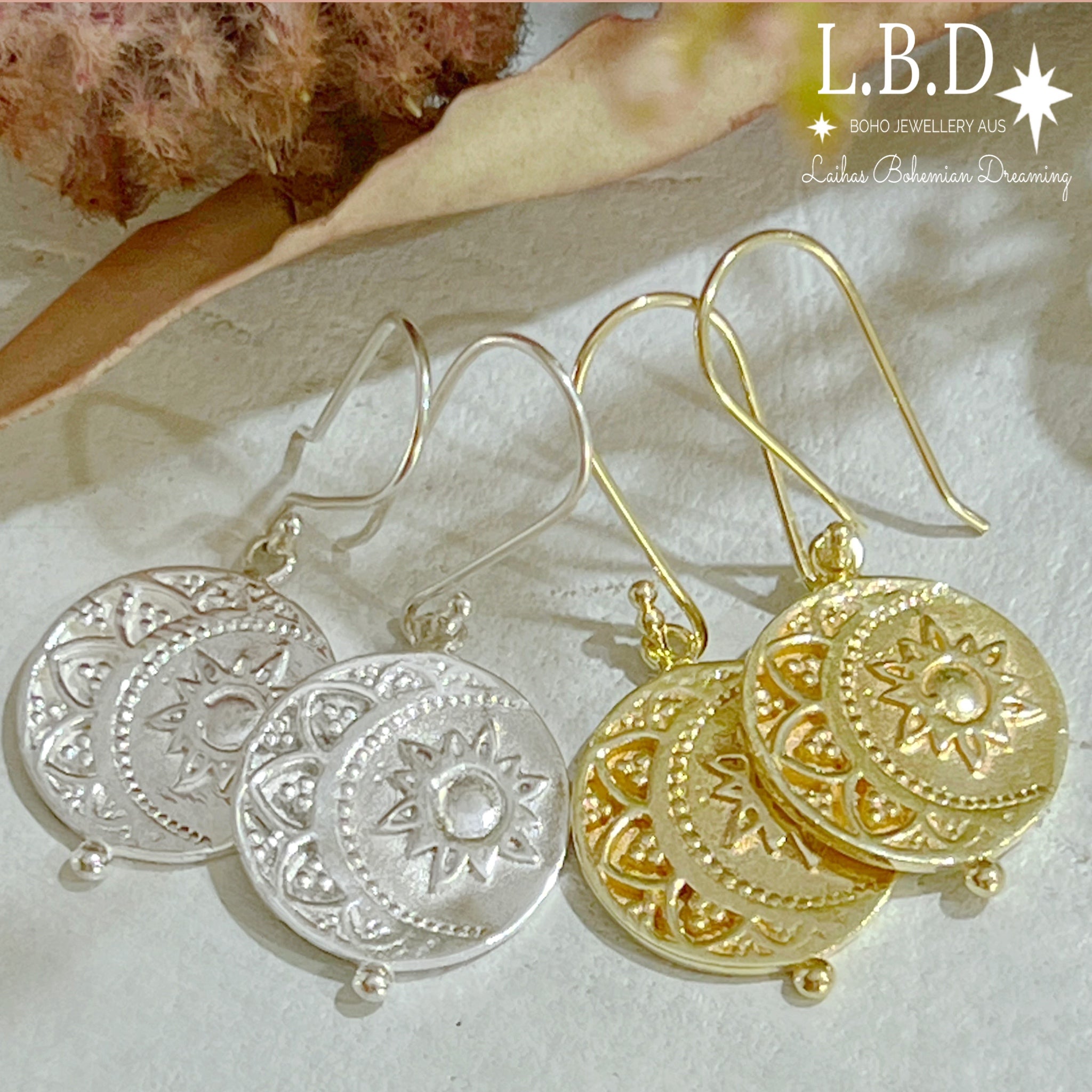Laihas La Luna Sun and Moon Gold Boho Earrings for Women - Handmade Hippie Dangle Earrings - Perfect for Festival, Beach, Party & Boho Chic Outfits