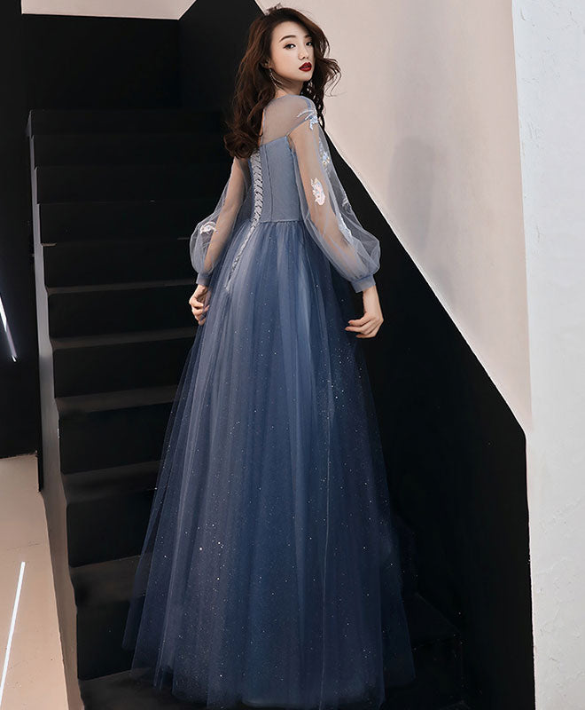 Elegant Blue Round Neck Tulle Lace Long Prom Dress for Women - Formal Evening Gown for Homecoming, Ball, Wedding & Special Occasions