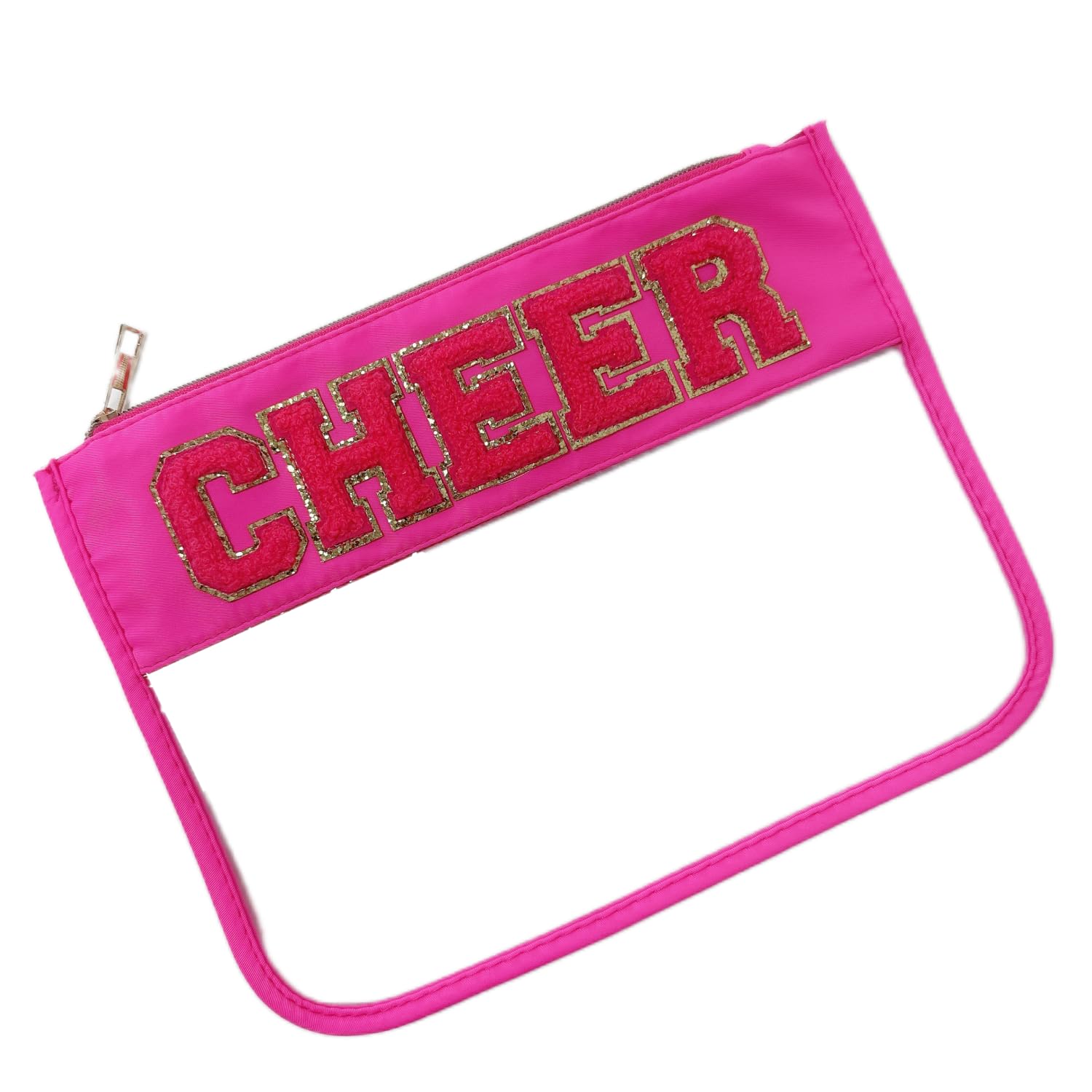 Hot Pink Cheerleader Makeup Bag with Chenille Letter Patch - Clear Cosmetic & Toiletry Zipper Pouch for Women & Girls - Perfect for Cheerleading Competitions, Gym Essentials & Travel Organizer