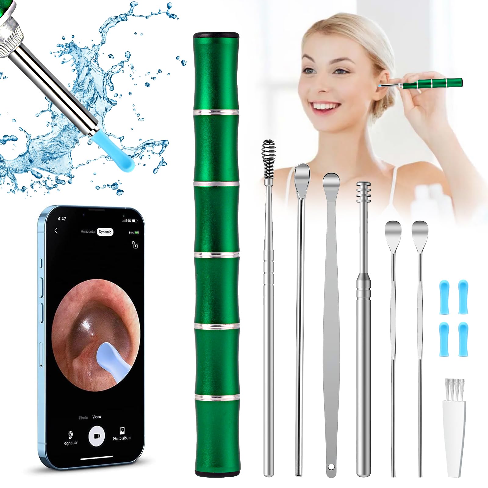 Wireless HD Ear Wax Removal Camera with 6 LED Lights & Magnetic Switch - 7-Piece Ear Cleaning Kit for iOS & Android - Green - Perfect for Home Ear Hygiene and Professional Ear Wax Removal