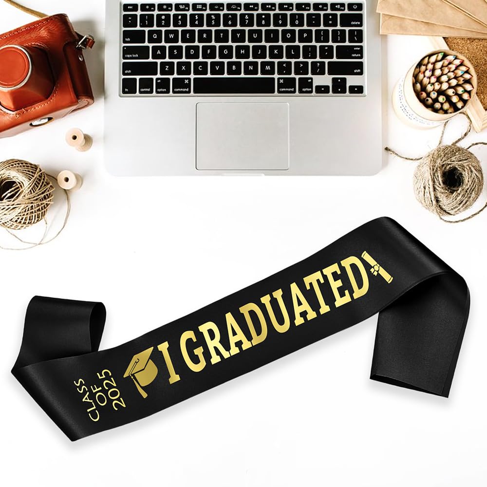 2025 Graduation Sash - Black with Gold Glitter 