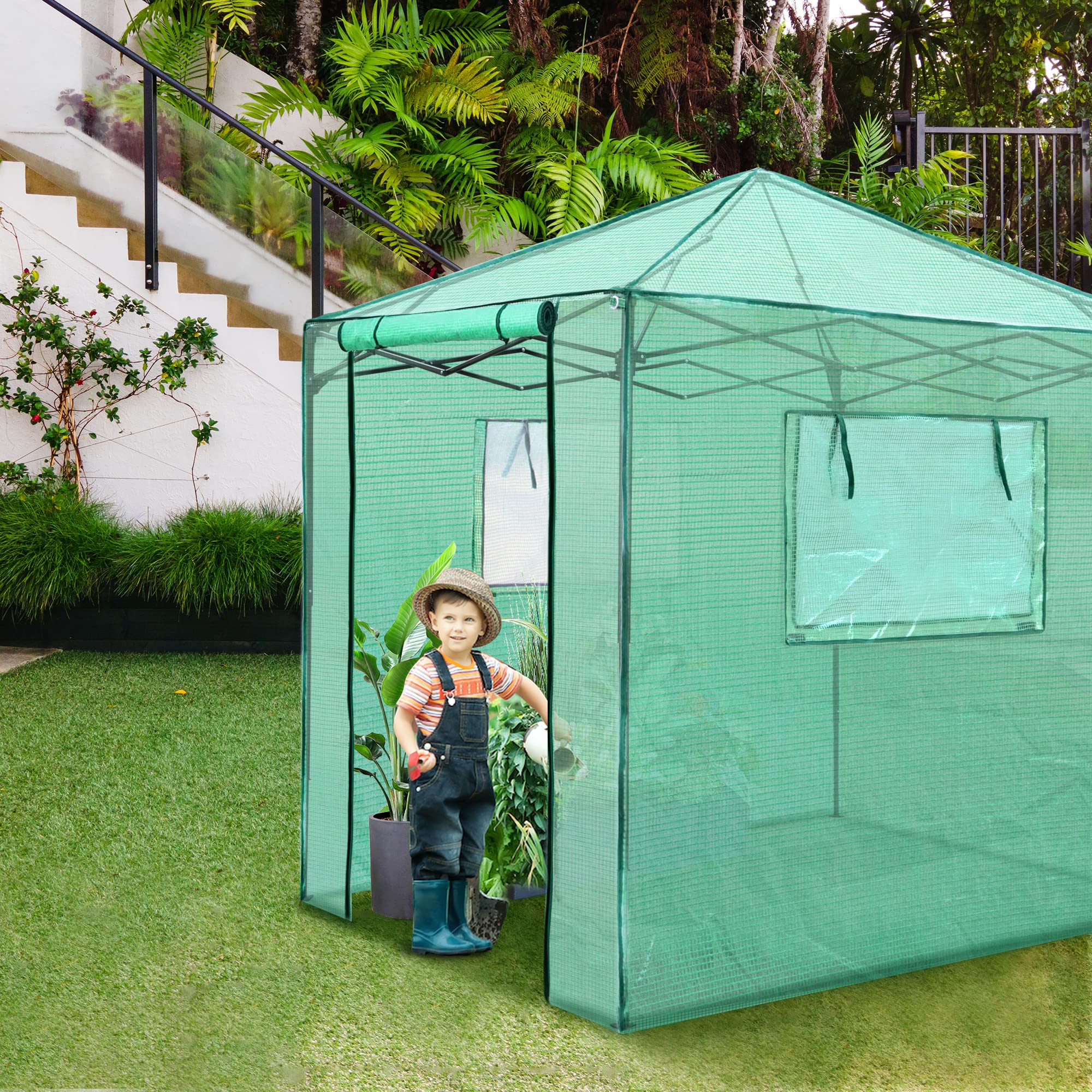 PexFix 8'x8' Portable Walk-in Greenhouse for Indoor & Outdoor Gardening - Easy Setup Pop-Up Greenhouse with 2 Roll-Up Mesh Windows & Zippered Door - Perfect for Seed Starting, Plant Protection & Year-Round Growing (Green, Model A-GE06016)
