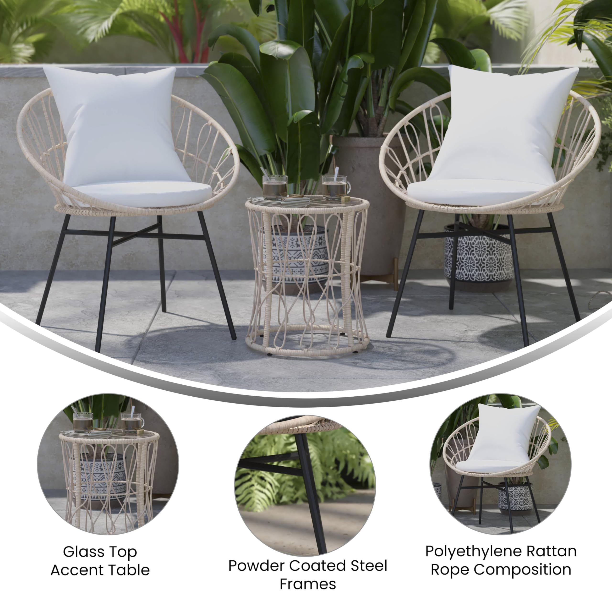 Devon 3-Piece Indoor/Outdoor Bistro Set - Tan Rattan Papasan Chairs with Glass Top Table & Gray Cushions - Perfect for Patio, Garden, Balcony or Sunroom Relaxation