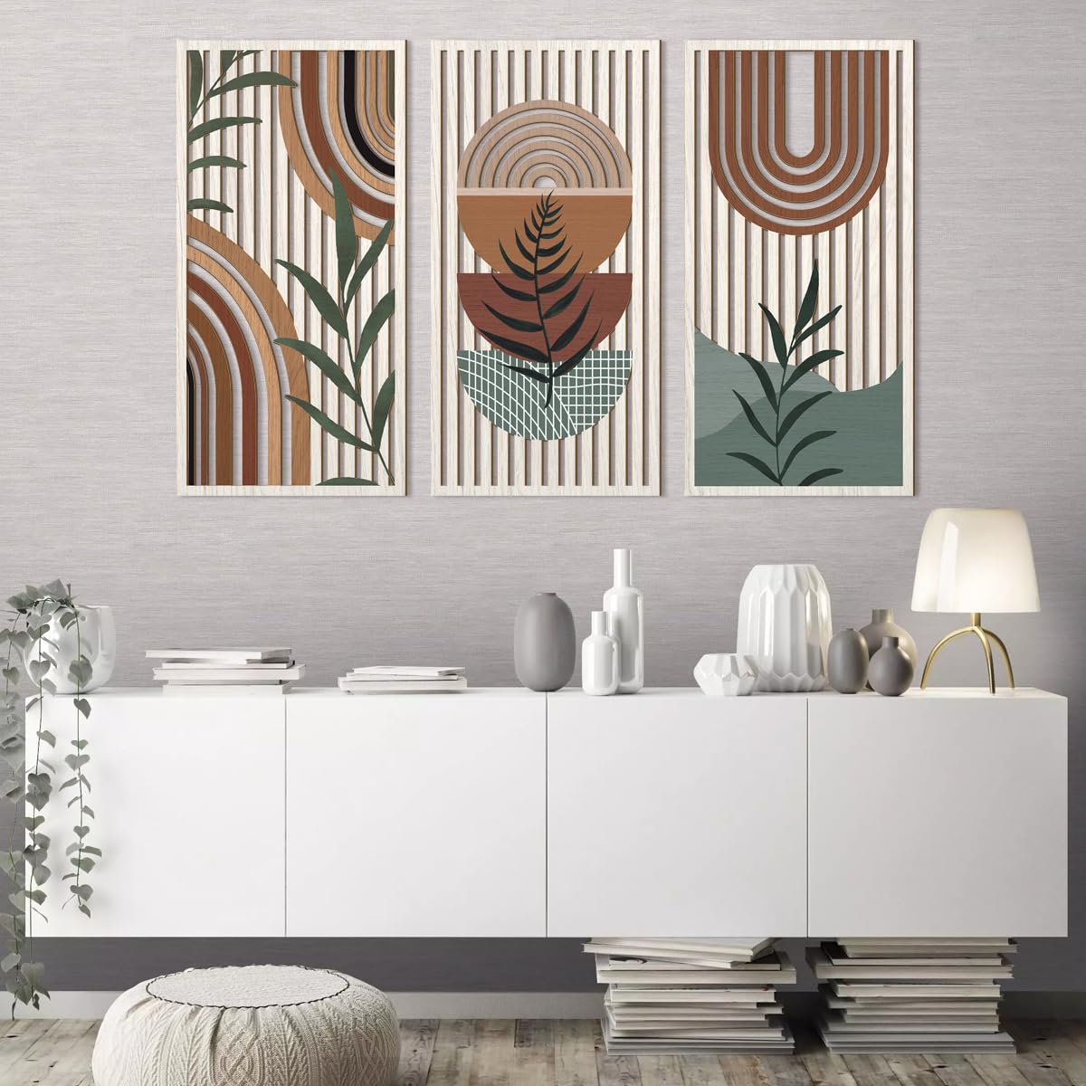Large Abstract Geometric Wood Boho Wall Art Set - Mid Century Modern Wooden Wall Decor for Bedroom, Living Room & Office - 16