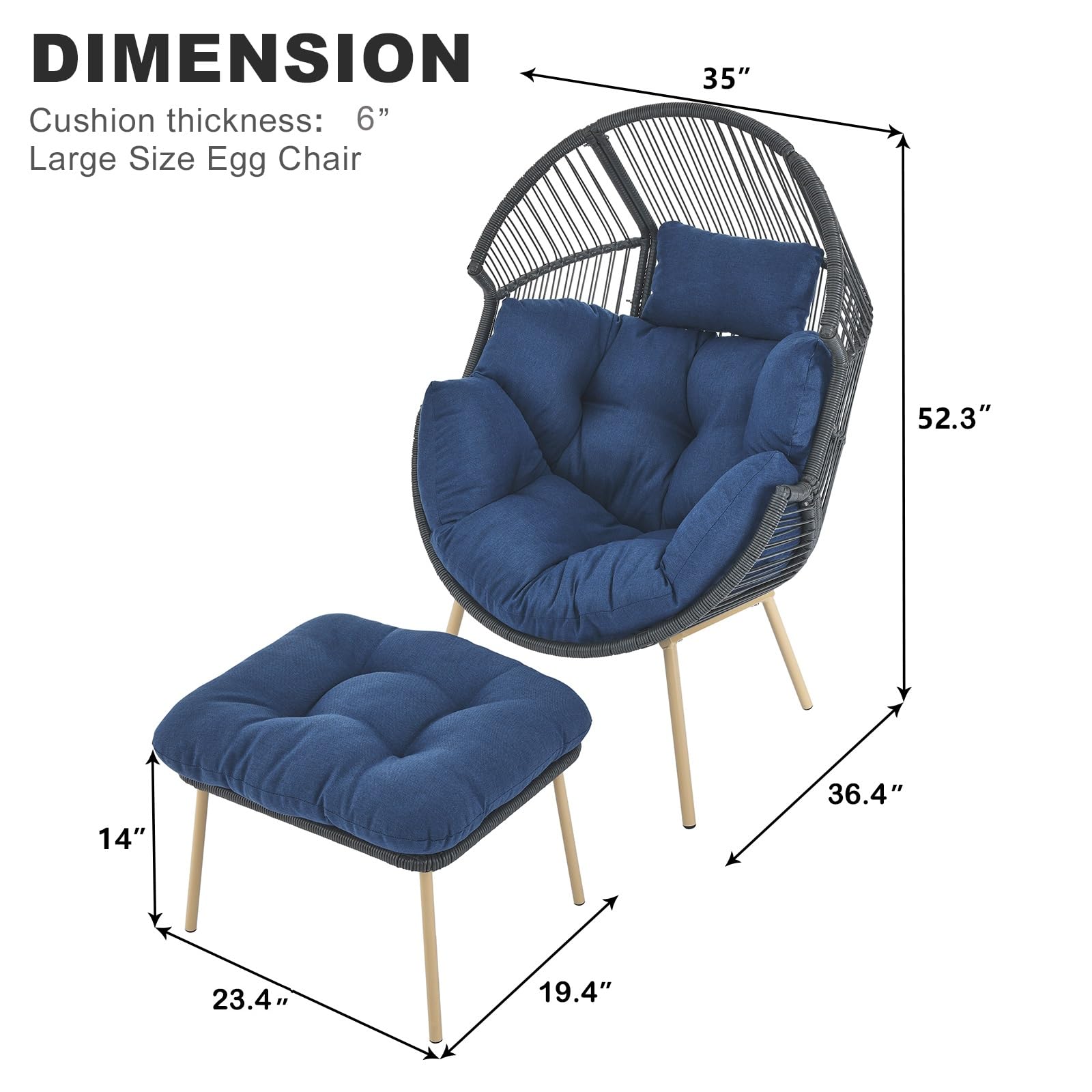 Outdoor Wicker Ottoman with Thick Cushion - Rattan Footrest Stool for Patio, Porch, Backyard & Garden - Grey/Blue - Perfect for Relaxing, Sunbathing & Outdoor Entertaining
