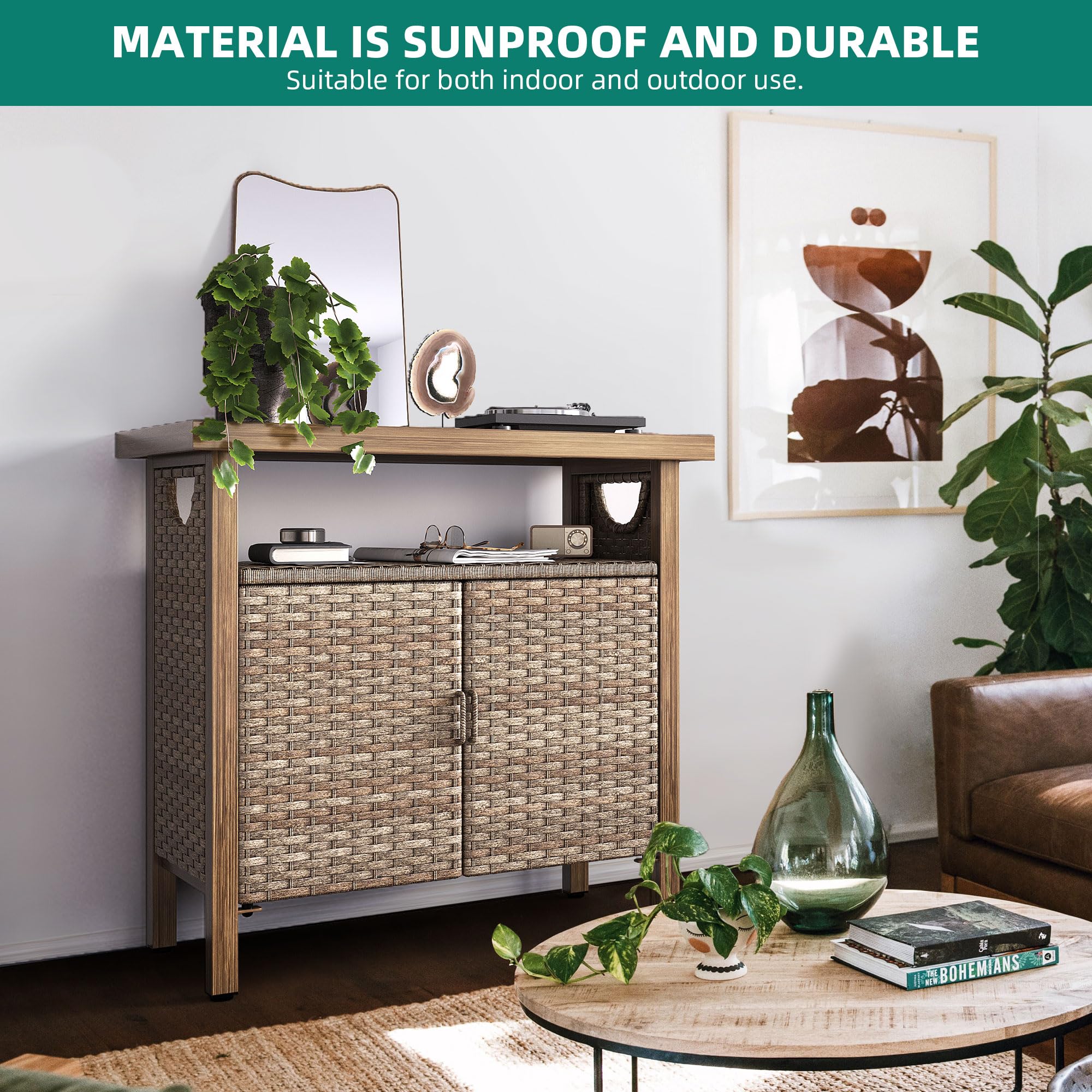 YITAHOME Outdoor Storage Cabinet with Two Doors and Shelves - Weatherproof Wicker Patio Bar Table for Cushions, Pool Tools & Garden Supplies - Brown - Perfect for Backyard, Patio, and Poolside Organization