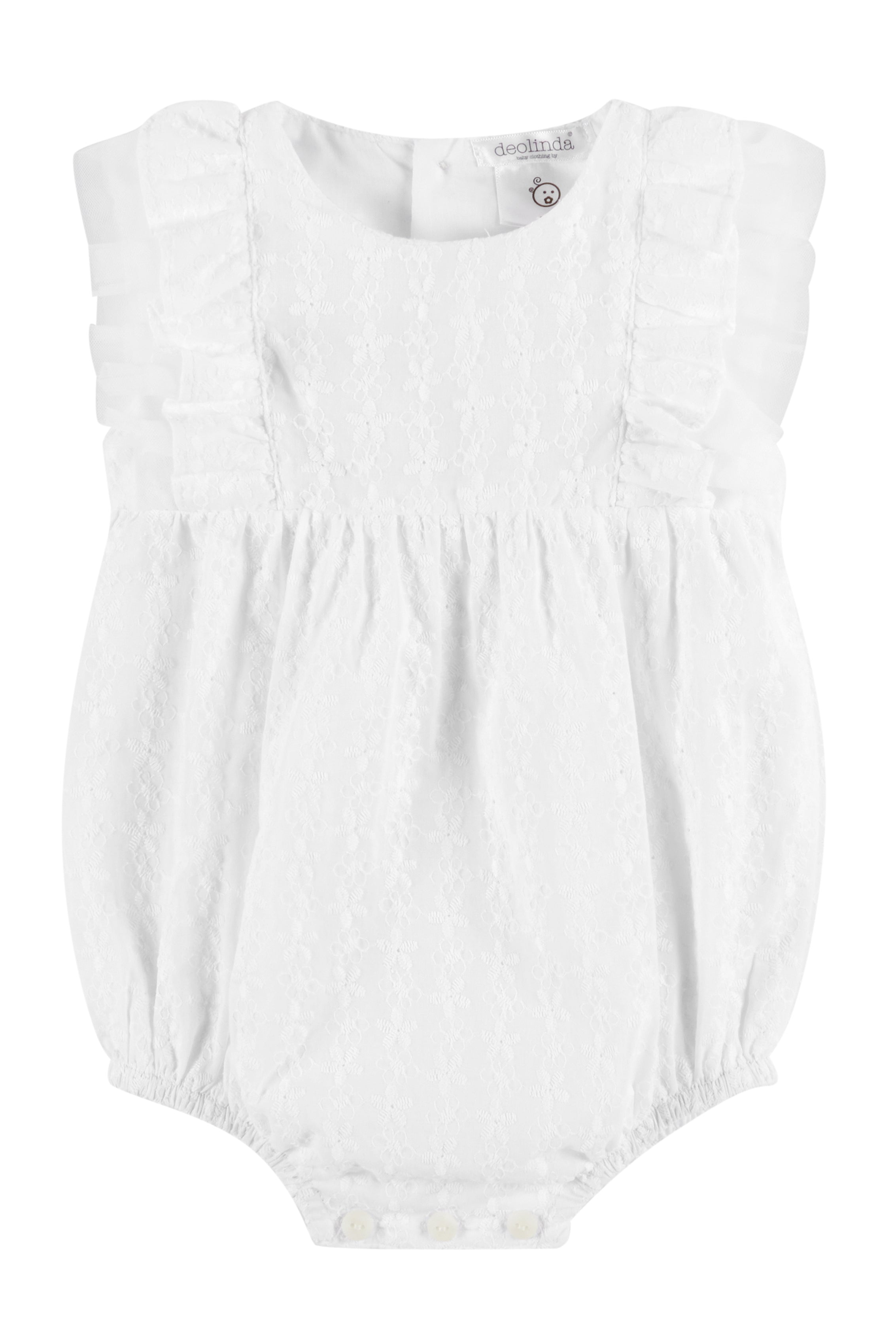 Theresa White Broderie Anglaise Tulle Romper - Elegant Lace Baby Girl Jumpsuit for Photoshoot, Baptism & Special Occasions