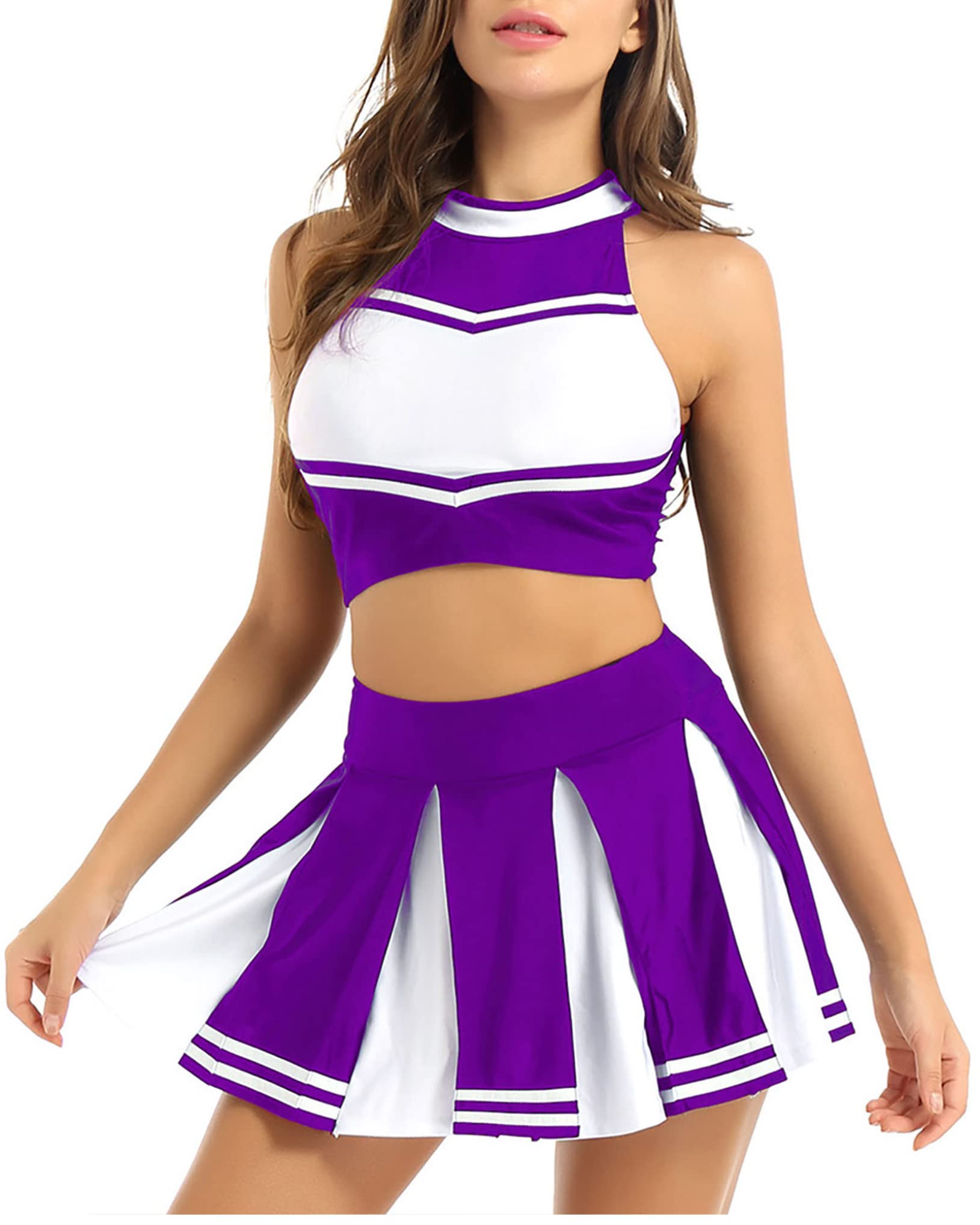 Women's 2 Piece Cheerleader Uniform Set - Sexy Crop Top & Pleated Skirt Costume for Cosplay, Role Play & Halloween Outfits - Perfect for Cheerleading Performances, Theme Parties & Dance Competitions
