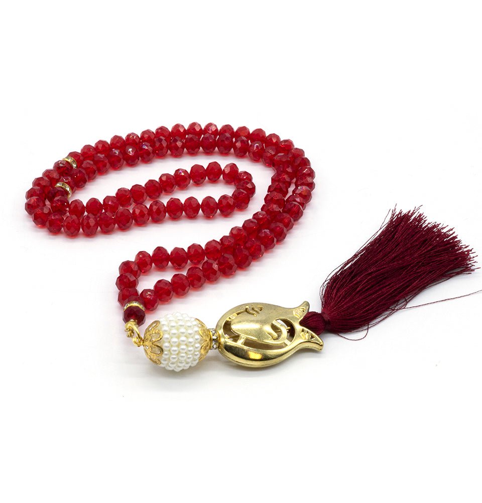 99-Piece Islamic Tasbih Prayer Beads - Acrylic Crystal Cut with Tulip Tassel, Red | Perfect for Daily Dhikr, Islamic Gifts & Spiritual Meditation