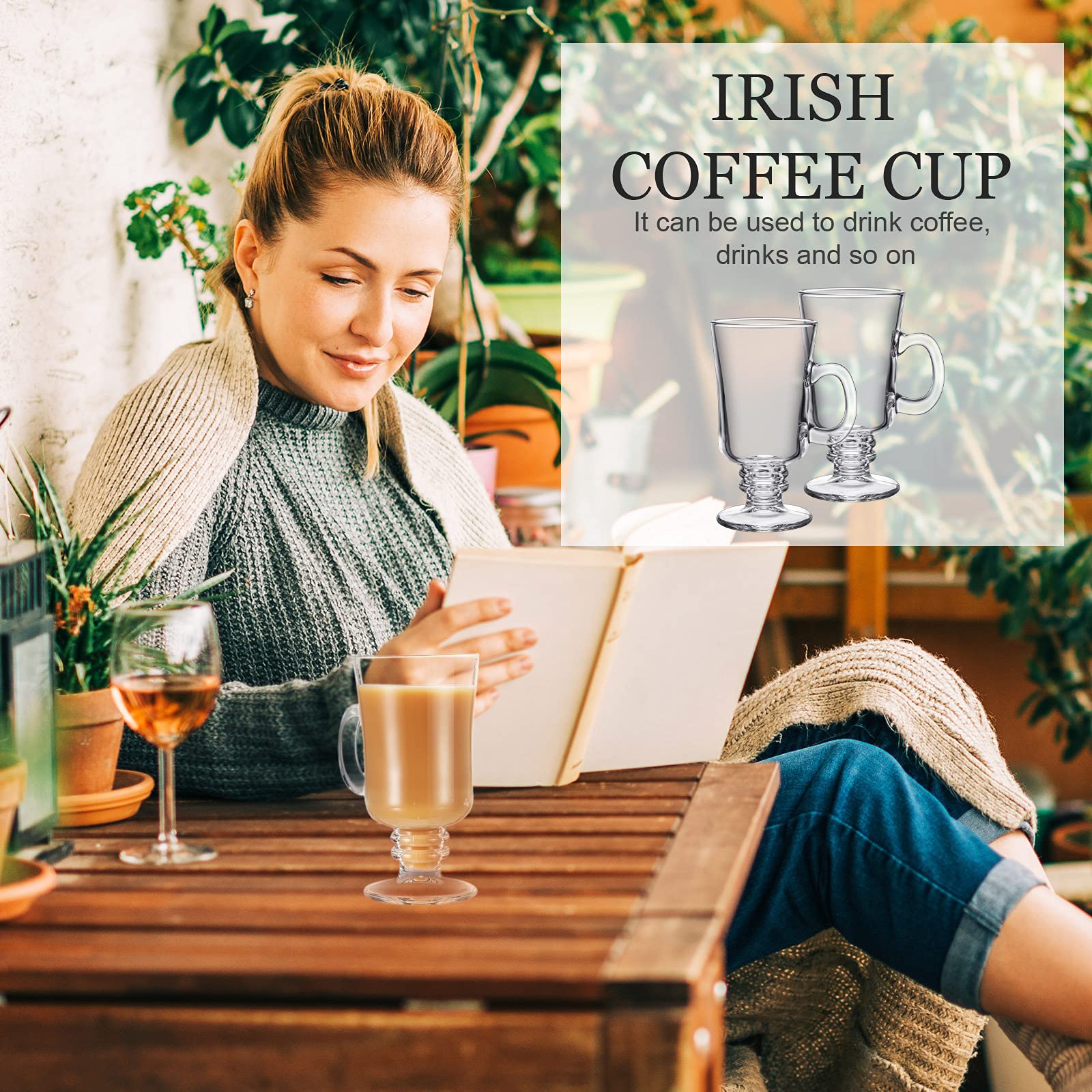 6-Piece Set of 8oz Irish Coffee Mugs - Clear Glass Cups with Handle & High Base - Perfect for Hot & Cold Beverages - Ideal for Coffee, Tea, Latte, and Cocktails at Home or Café