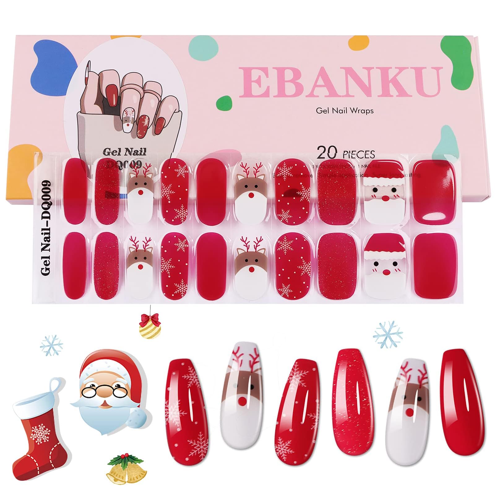 EBANKU Christmas Semi Cured Gel Nail Strips - Snowflake Elk UV Gel Nail Stickers for Women & Girls, DIY Nail Art Decorations (UV/LED Lamp Required) - Perfect for Holiday Parties, Gift Giving & Festive Nail Designs