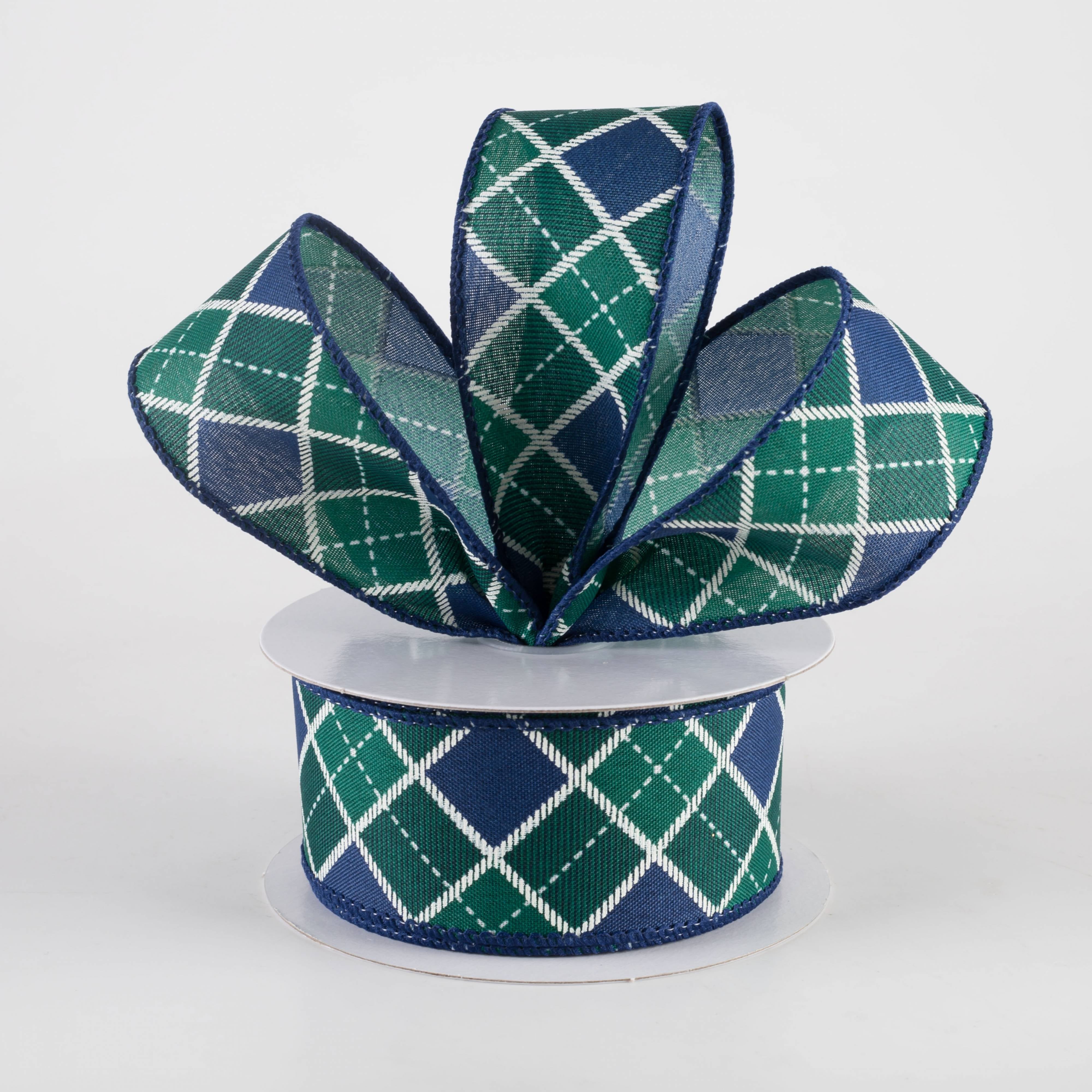 1.5 Inch Diagonal Bonnie Check Ribbon - Navy, Green & White Striped Grosgrain Ribbon (10 Yards) for Gift Wrapping, DIY Crafts, Hair Bows & Party Decorations