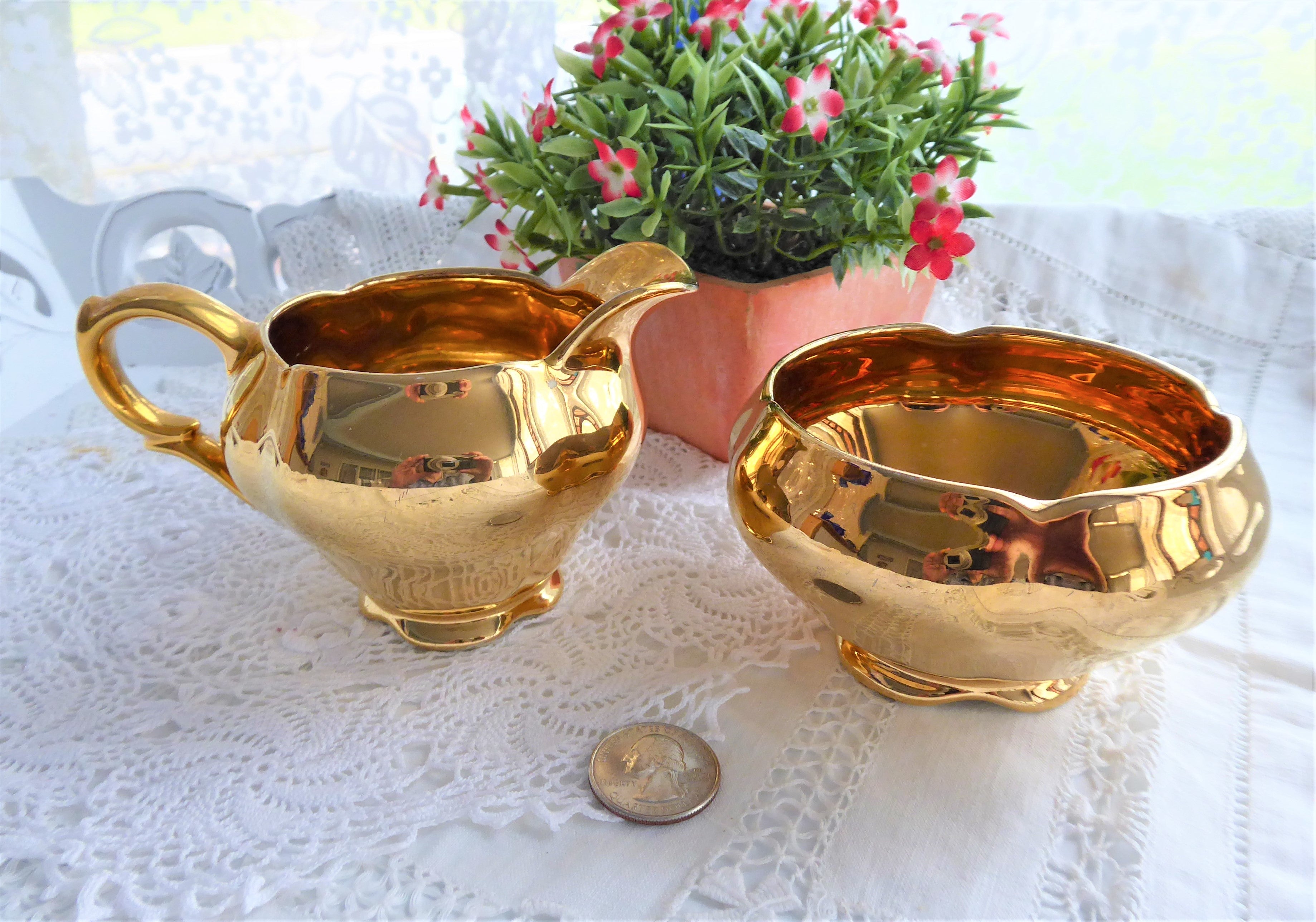 Vintage Royal Winton Golden Age Cream and Sugar Set - 1960s Gold Luster Porcelain for Tea Time & Collectible Display
