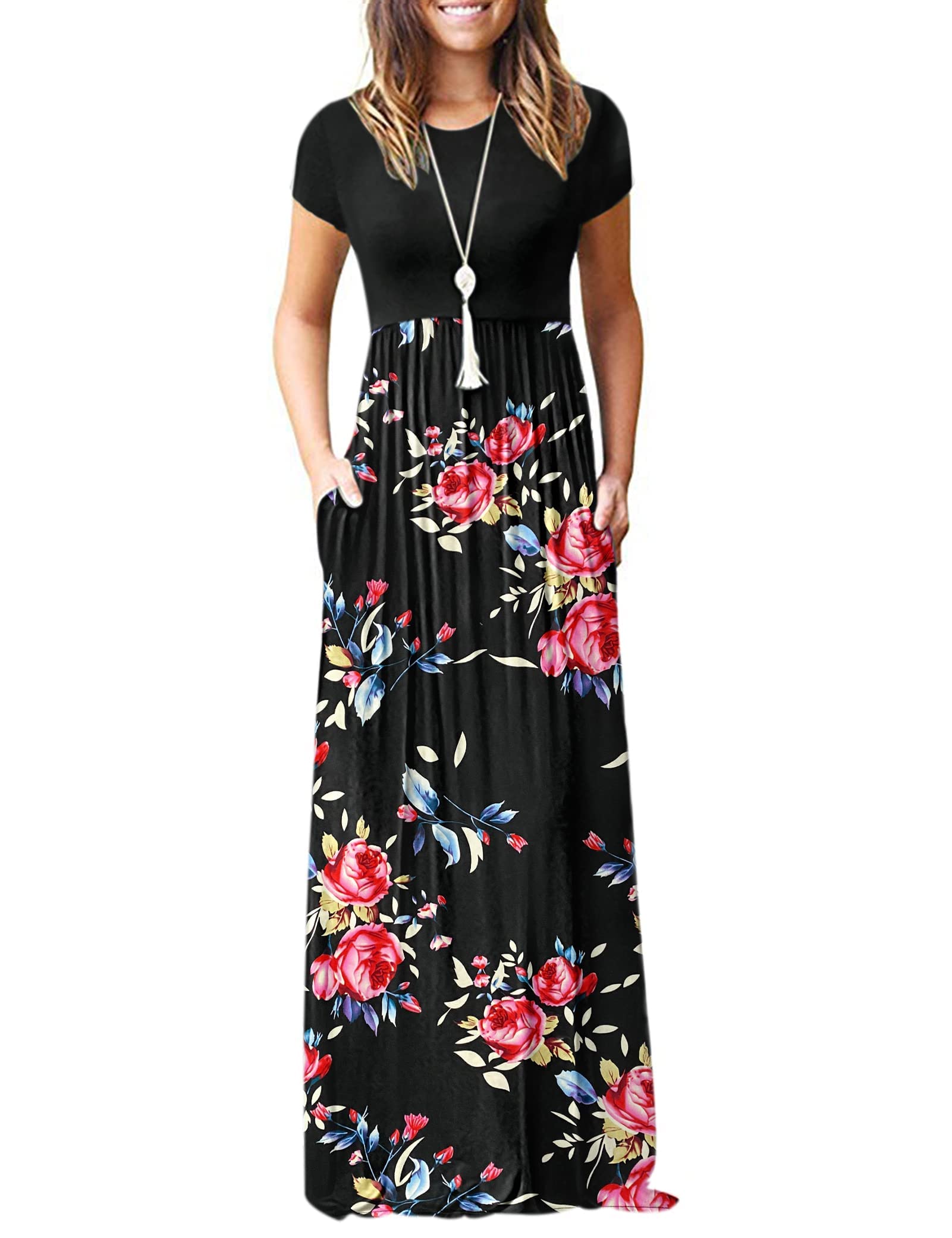 MISFAY Women's Casual Short Sleeve Loose Plain Maxi Dress with Pockets - Summer Beach, Vacation, Party & Everyday Wear Flowy Long Dress