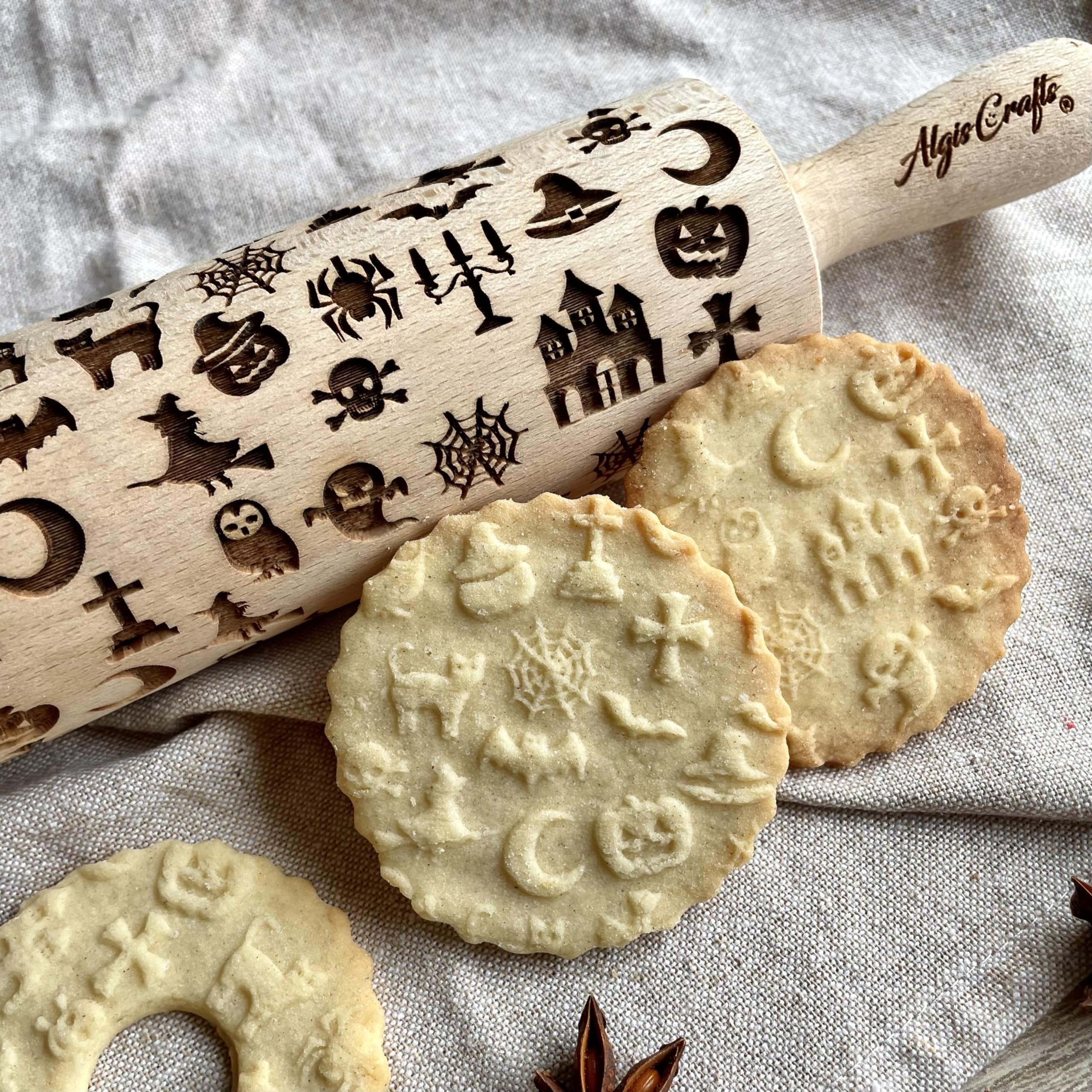 Halloween Embossed Rolling Pin - Wooden Laser-Cut Baking Tool with Witch, Moon, Spider & Pumpkin Designs for Cookies, Play Dough, Salt Dough - Perfect for Halloween Baking, DIY Crafts & Holiday Decor by Algis Crafts