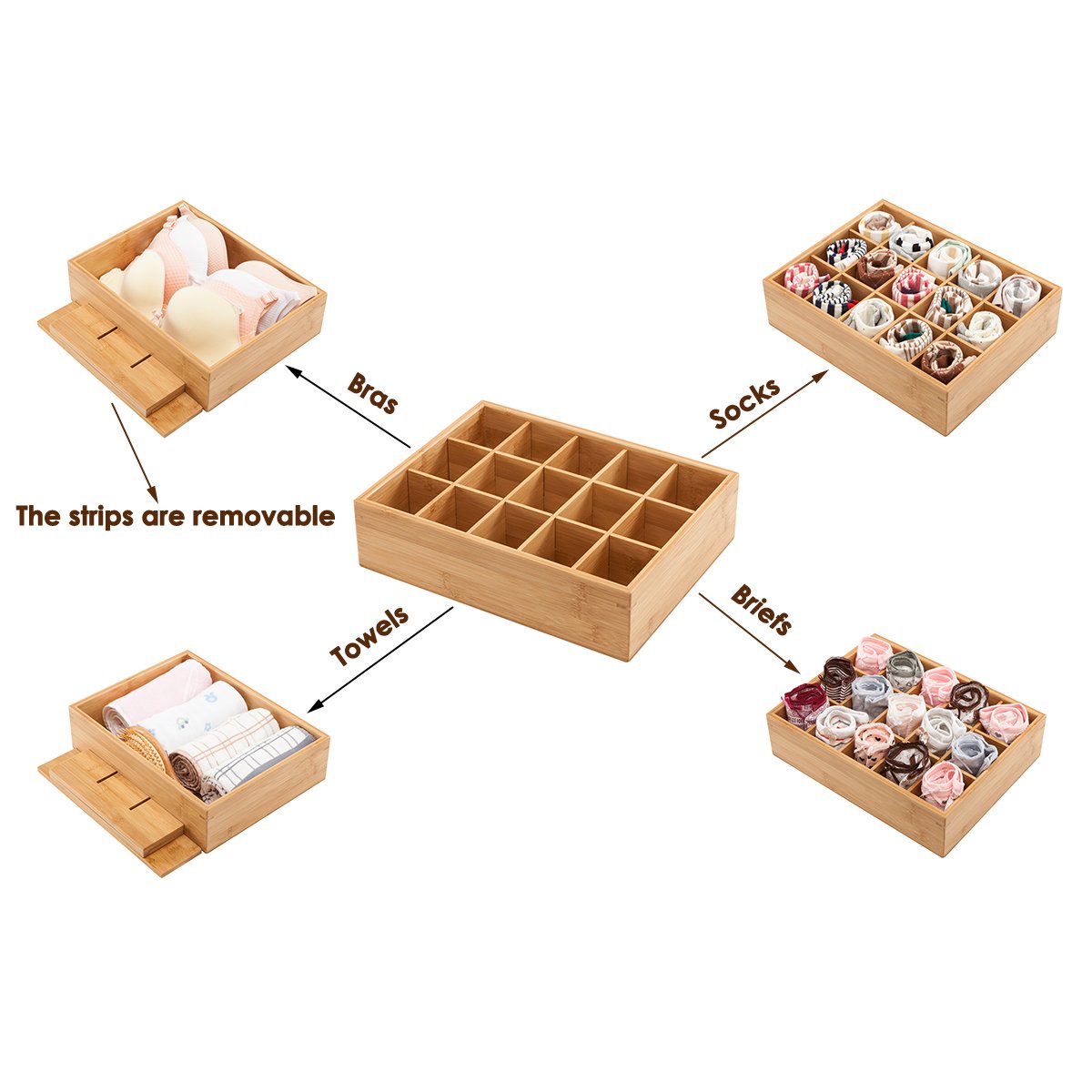 GOBAM Bamboo Drawer Organizer - 15 Compartment Storage Box for Belts, Ties, Bras, Underwear, Socks & Jewelry | Closet & Dresser Organization | Natural Wood Home Storage Solution for Bedroom & Bathroom