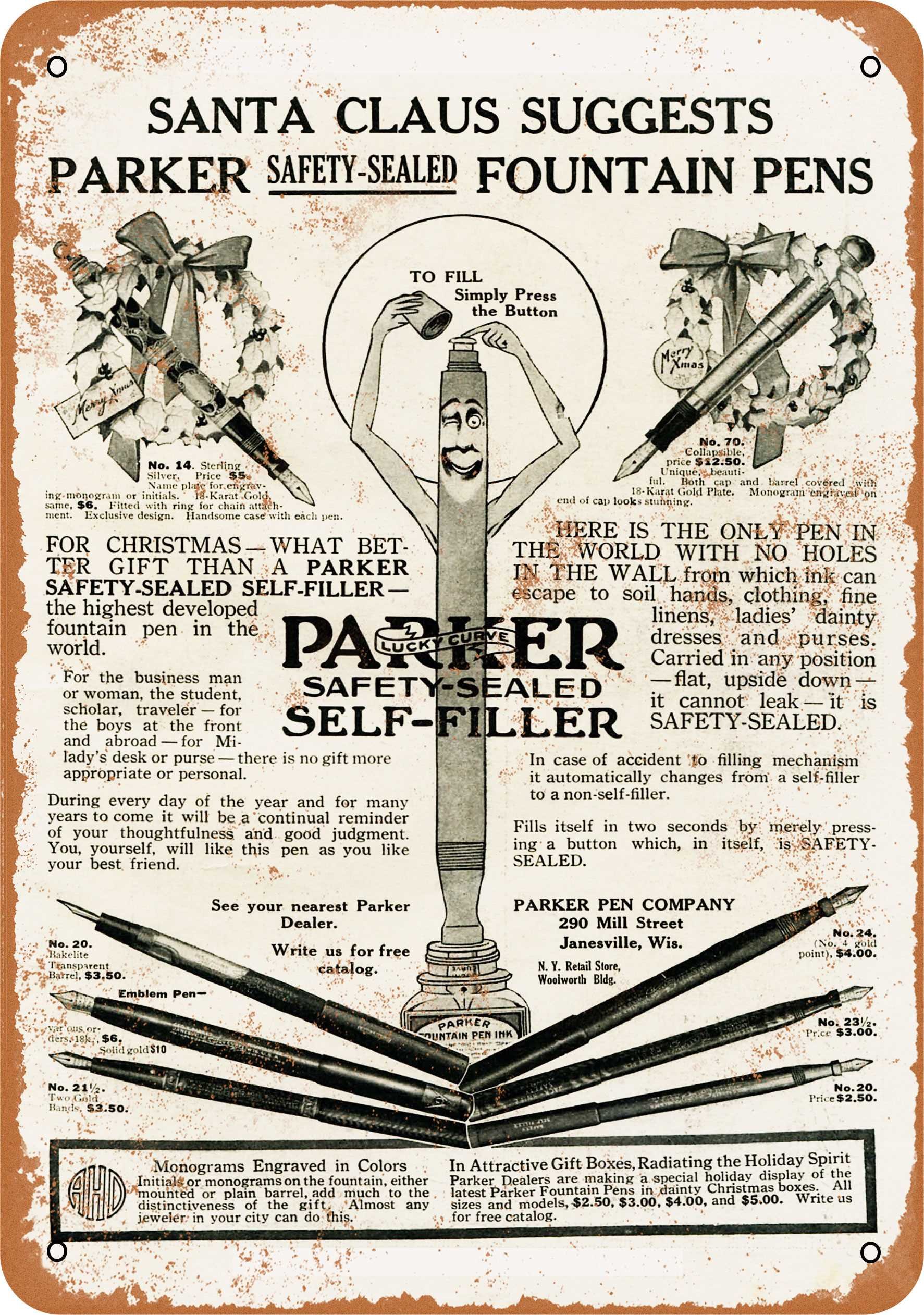 Vintage 1917 Parker Fountain Pens Metal Sign - 7x10 Inches Retro Office Decor - Perfect for Home, Office & Antique Collectors