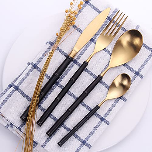 Premium 24-Piece Gold Matte Stainless Steel Flatware Set - 18/10 Dinner Knife Fork Spoon with Vintage Bamboo Handle - Elegant Cutlery Set for 6 - Perfect for Wedding Gifts, Dinner Parties & Holiday Entertaining (Blackgold)