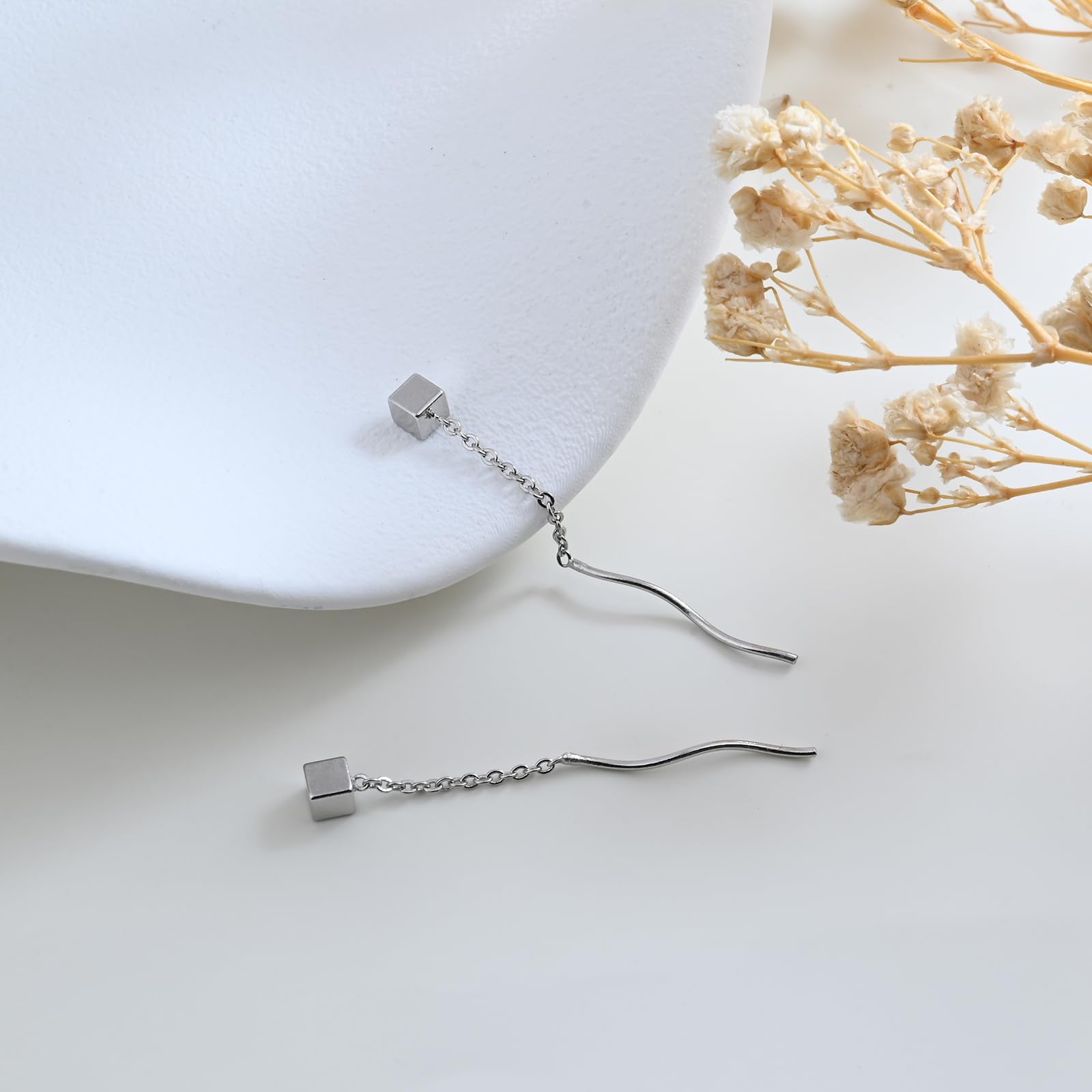 Trendy Sterling Silver Cube Threader Earrings for Women - Dangle Pull Through Ear Jewelry for Parties & Everyday Wear