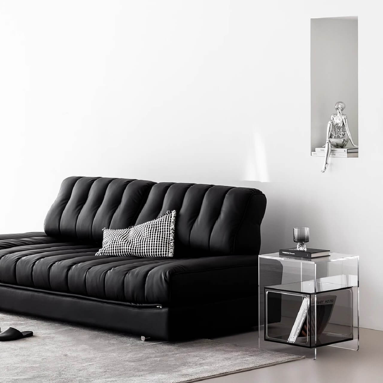 Modern Black Faux Leather Sofa Bed with Stainless Steel Frame & Pillow Arms - Convertible Sleeper for Small Spaces, Living Room & Guest Room Furniture