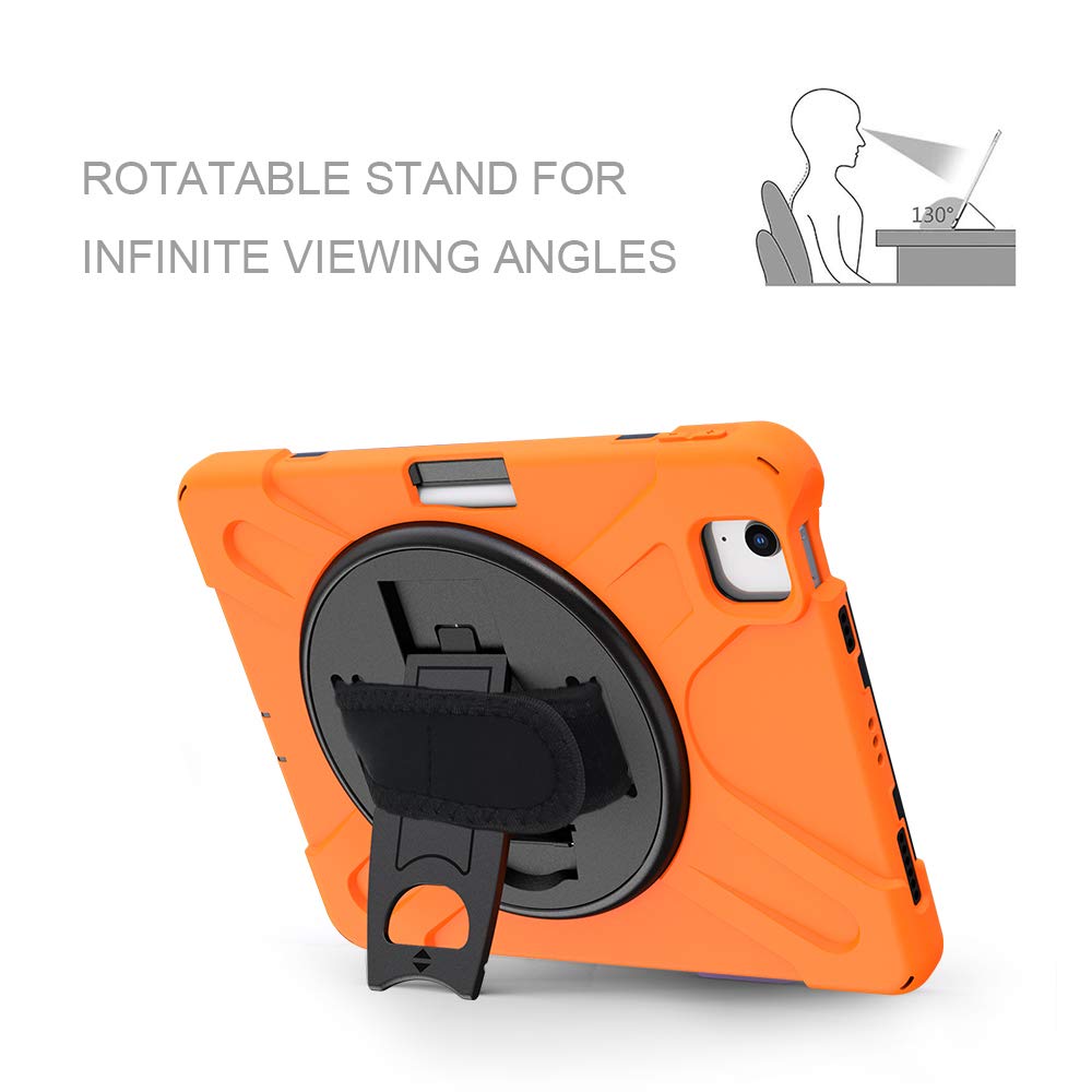 ZenRich iPad Air 5th/4th Generation Case - Shockproof Rugged Protective Cover with Pencil Holder, Stand & Adjustable Hand Strap for iPad Air 10.9 Inch (2022/2020 Model) - Perfect for Travel, Work & Outdoor Activities - Orange