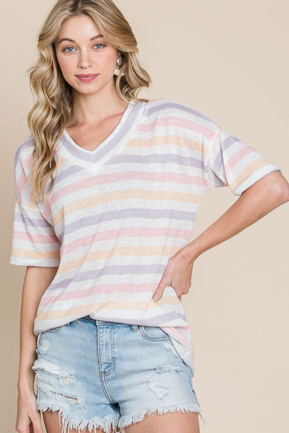 BOMBOM Striped V-Neck Short Sleeve T-Shirt for Women - Casual Summer Tee Top for Outfits, Beach, Travel & Everyday Wear