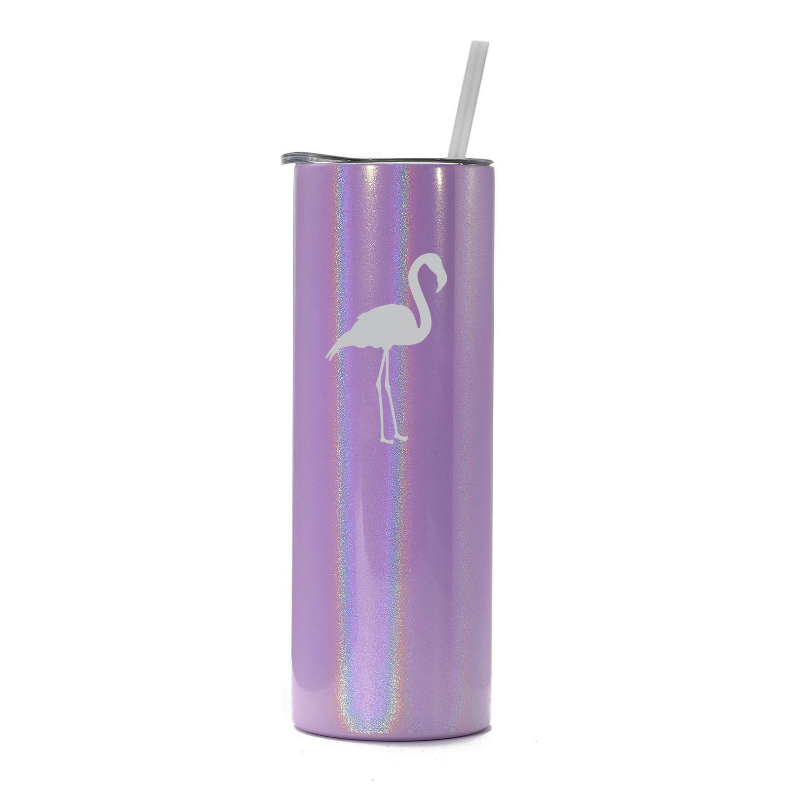 20 oz Skinny Tall Stainless Steel Vacuum Insulated Tumbler with Straw - Flamingo Purple Iridescent Glitter Travel Mug | Perfect for Coffee, Tea & Cold Drinks On-The-Go, Office, Gym & Outdoor Adventures