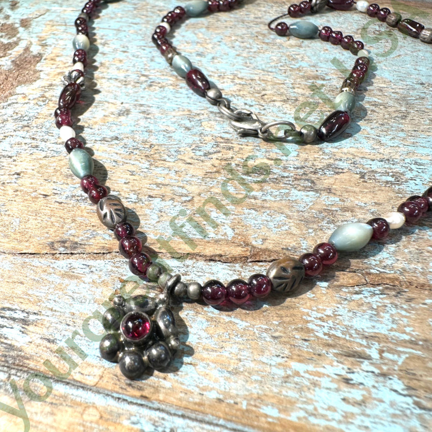 Vintage Garnet Mother of Pearl Beaded Necklace - Handmade Bohemian Jewelry for Women - Perfect for Weddings, Parties & Special Occasions