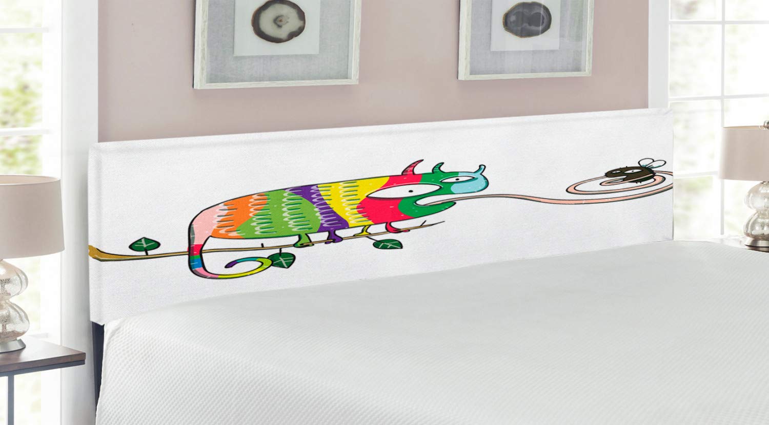 Ambesonne King Size Upholstered Metal Bed Headboard with Memory Foam - Colorful Chameleon on Branch Animal Humor Cartoon Print - Reptile Themed Decorative Headboard for Bedroom, Kids Room & Dorm Decor