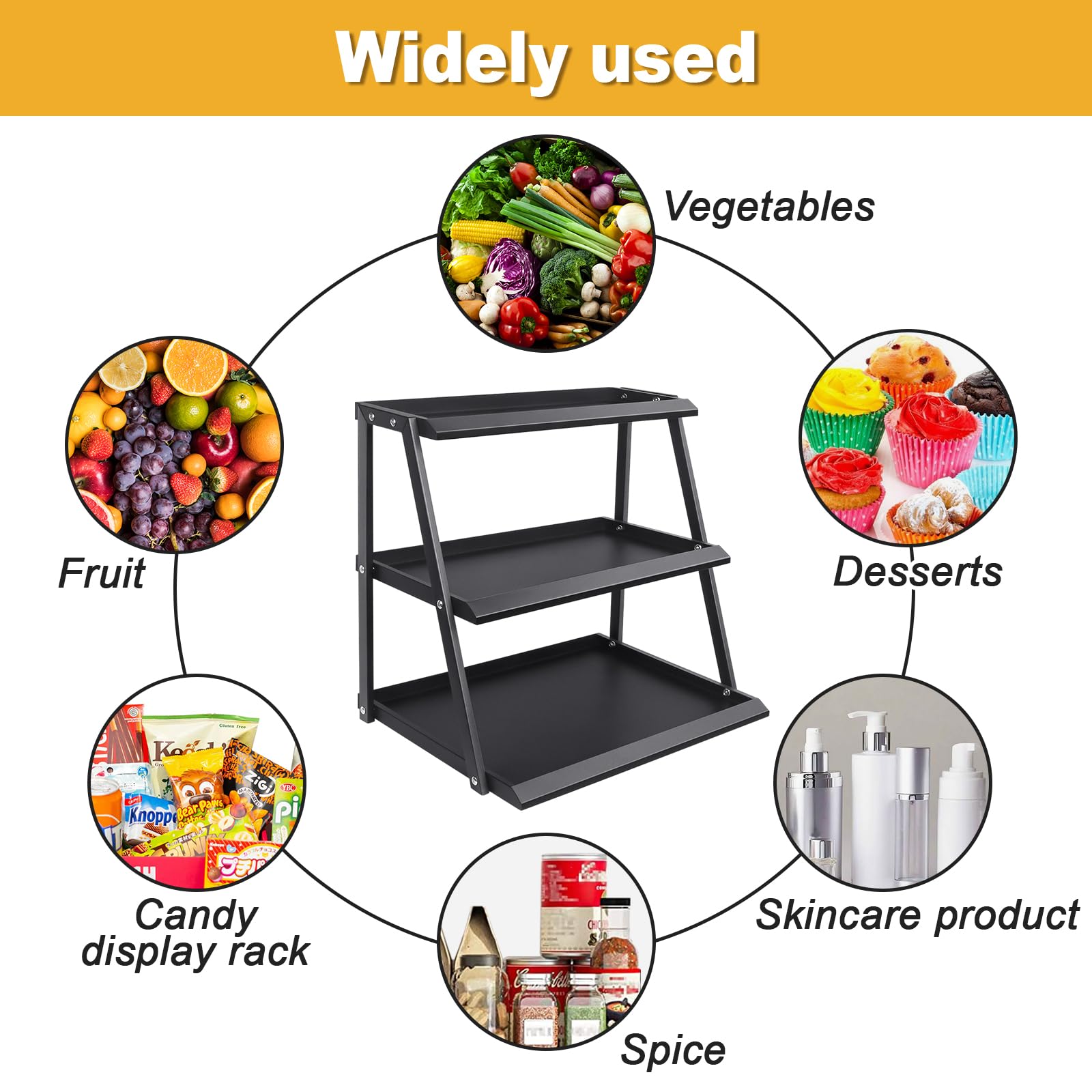 3-Tier Metal Snack Organizer - Countertop Candy Display Rack for Pantry, Office, Store & Bedroom - Black Snack Holder for Chips, Cakes & Cotton Candy - Perfect for Retail Display & Home Organization