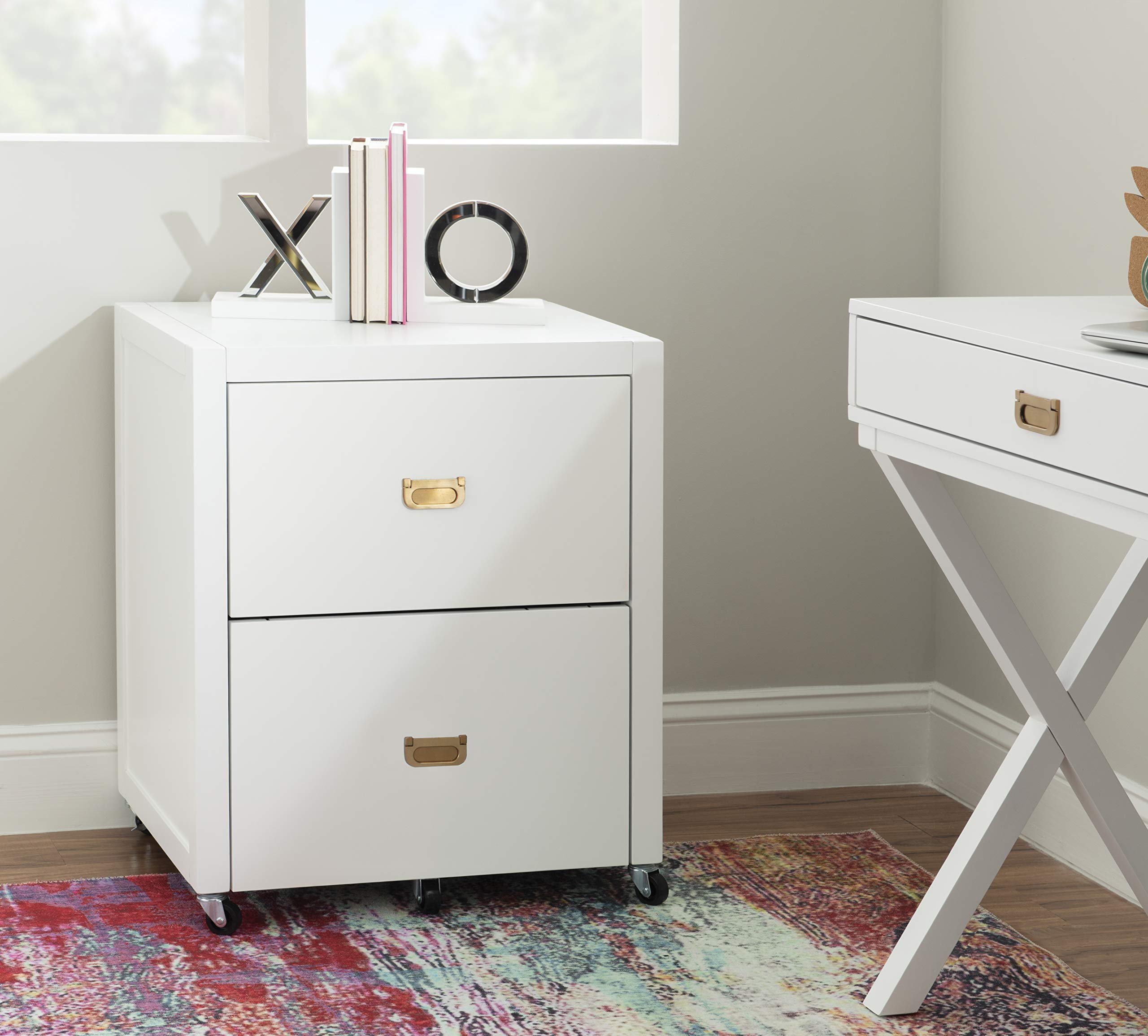 Linon White Rolling Sadie File Cabinet - 2-Drawer Mobile Storage Organizer for Office, Home & School - Easy-Glide Wheels & Locking System