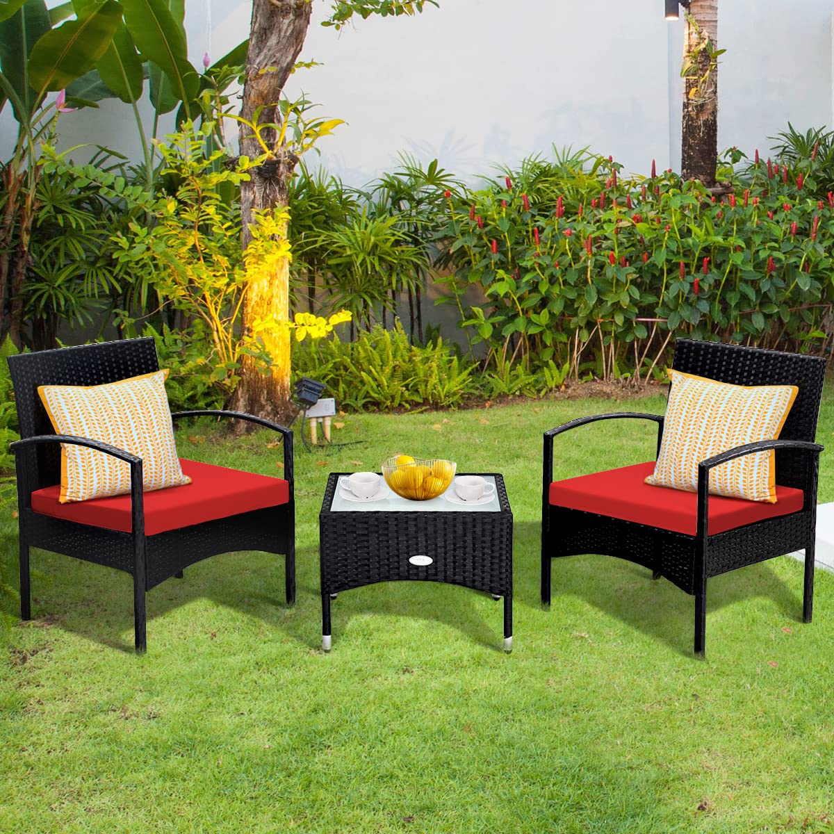 Tangkula 3-Piece Patio Furniture Set - Wicker Rattan Chairs with Coffee Table, Outdoor Conversation Set for Garden, Lawn, Backyard & Poolside (High Load Bearing) - Perfect for Relaxing, Entertaining & Outdoor Gatherings