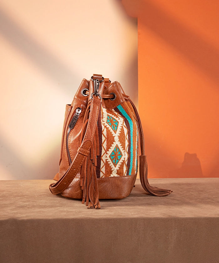Wrangler Aztec Knitted Bucket Bag Set for Women - Boho Chic Crossbody Purse with Adjustable Strap - Perfect for Travel, Shopping & Everyday Use