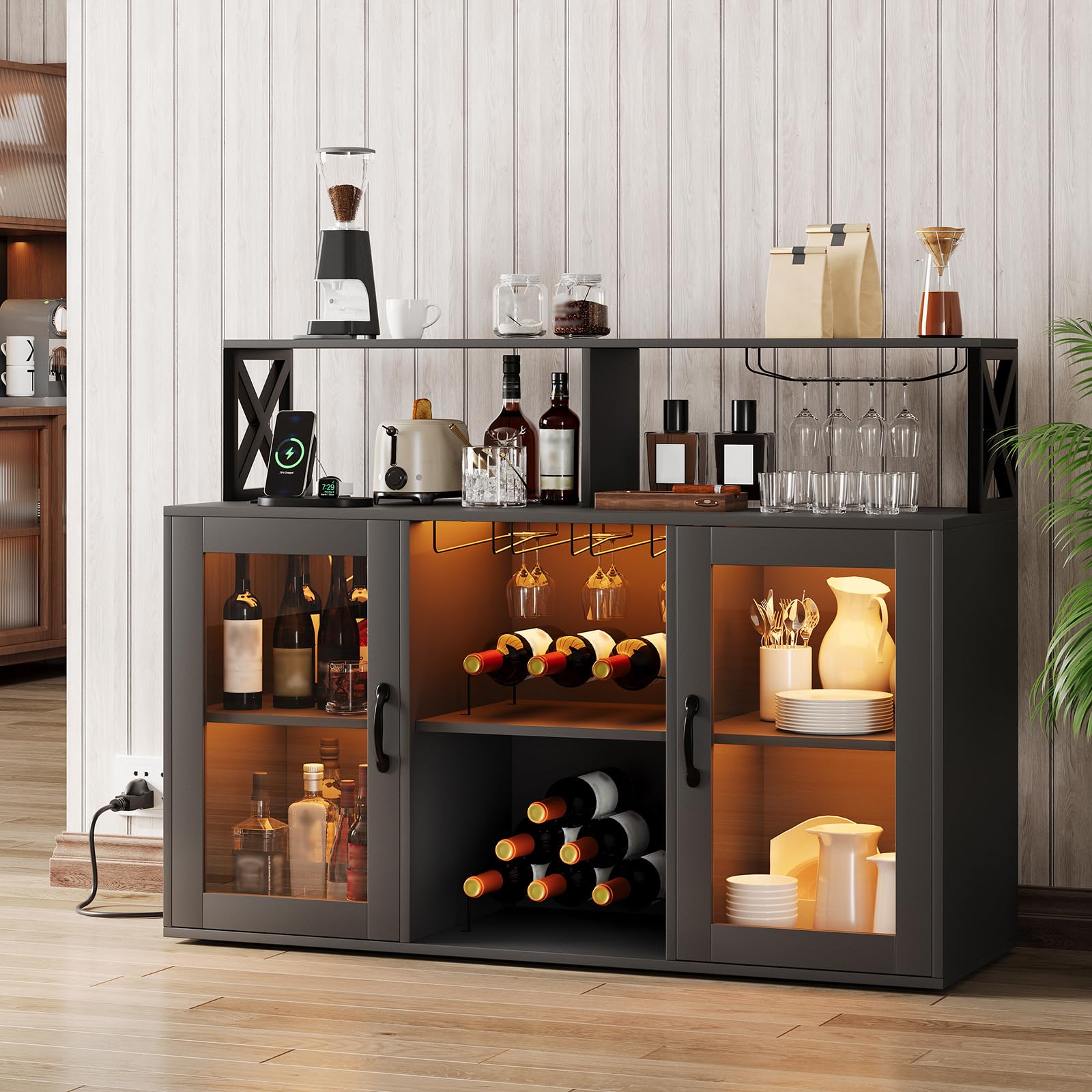 CuisinSmart Modern Bar Cabinet with Power Outlets & LED Lights - Wine Liquor Storage Cabinet with Glass Holder, Shelves for Kitchen, Dining Room, Home Bar - Perfect for Entertaining Guests & Home Decor