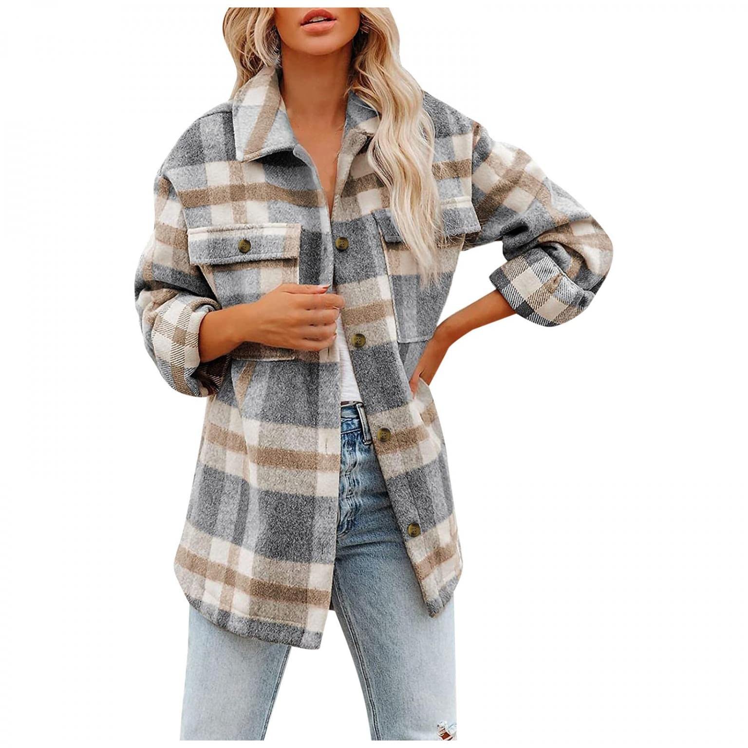 Trendy Women's Vintage Plaid Button Down Shirts with Pocket - Long Sleeve Boyfriend Style Sweatshirt Jacket for Casual Outfits & Fall Layering