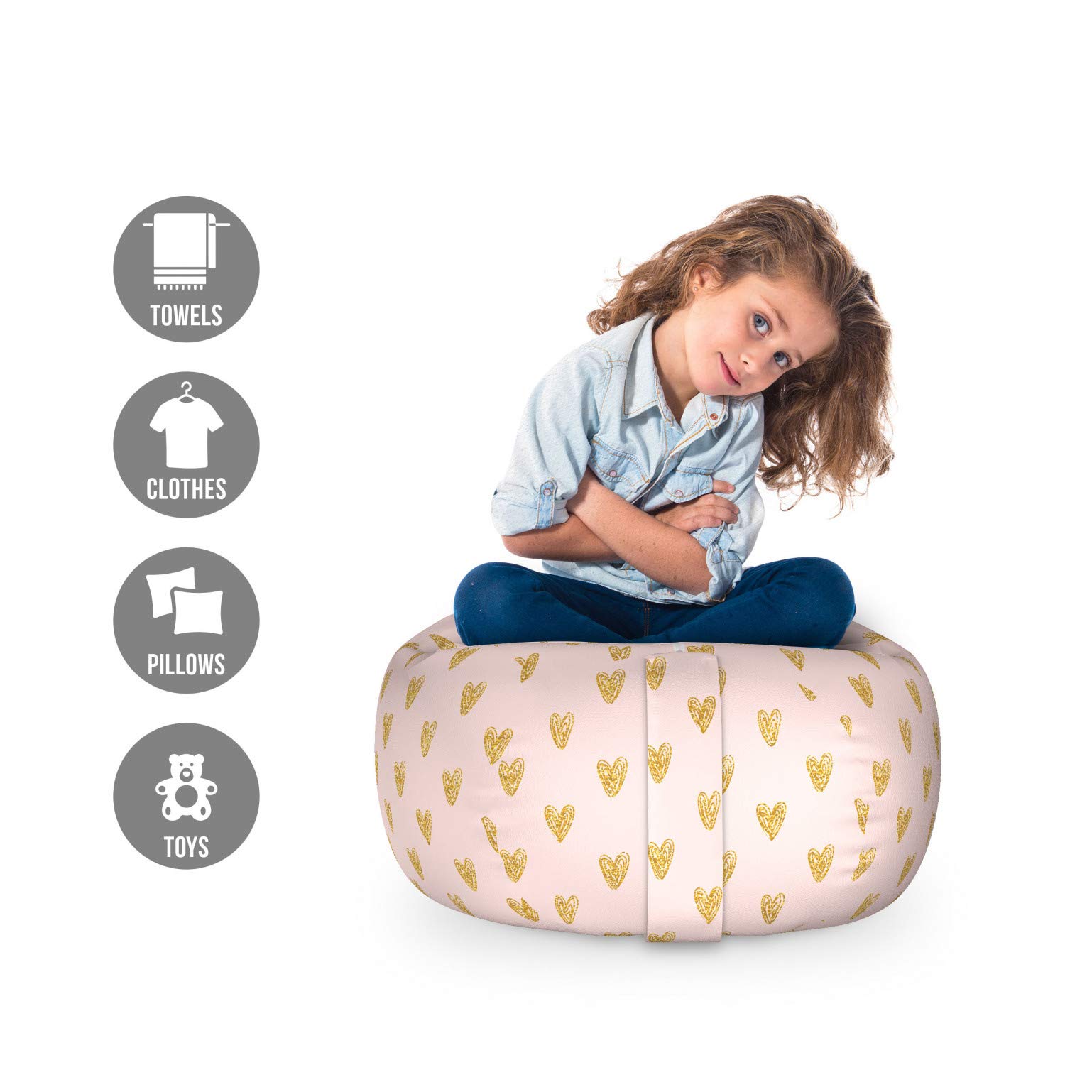 Ambesonne Hearts Storage Toy Bag Chair - Abstract Dainty Love Theme Valentine Stuffed Animal Organizer, Washable Small Size Eggshell Coffee - Perfect for Kids' Room, Nursery, Playroom & Valentine's Day Decor
