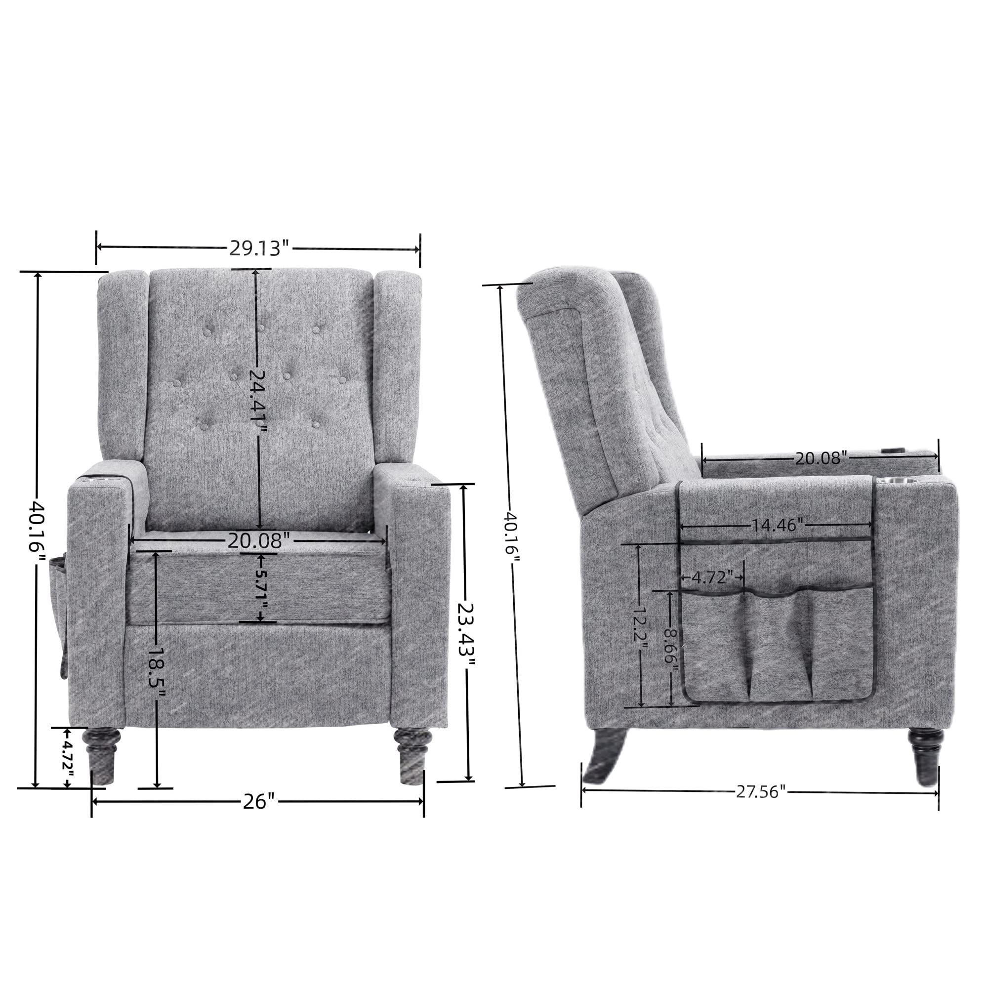 Modern Push Back Recliner Chair with Storage Pockets & USB Charging - Adjustable Tufted Wingback Recliner with Footrest for Living Room, Office & Home Theater - Comfortable Fabric Lounge Chair in Khaki