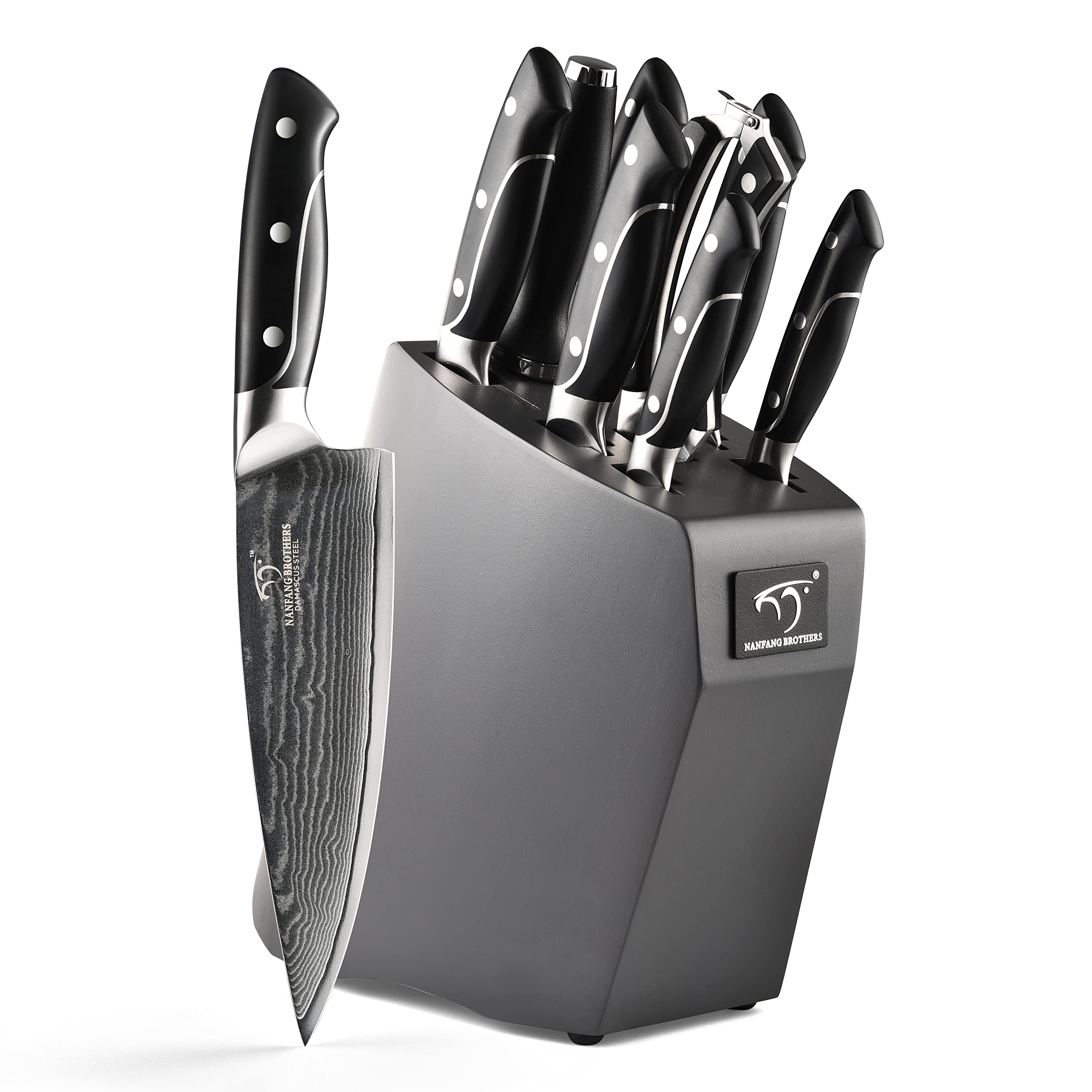 Premium Damascus Steel Kitchen Knife Set - 9-Piece Chef Knives with Wooden Block, Ergonomic ABS Handles, Knife Sharpener & Kitchen Shears - Perfect for Home Cooking, Professional Chefs & Gourmet Food Preparation